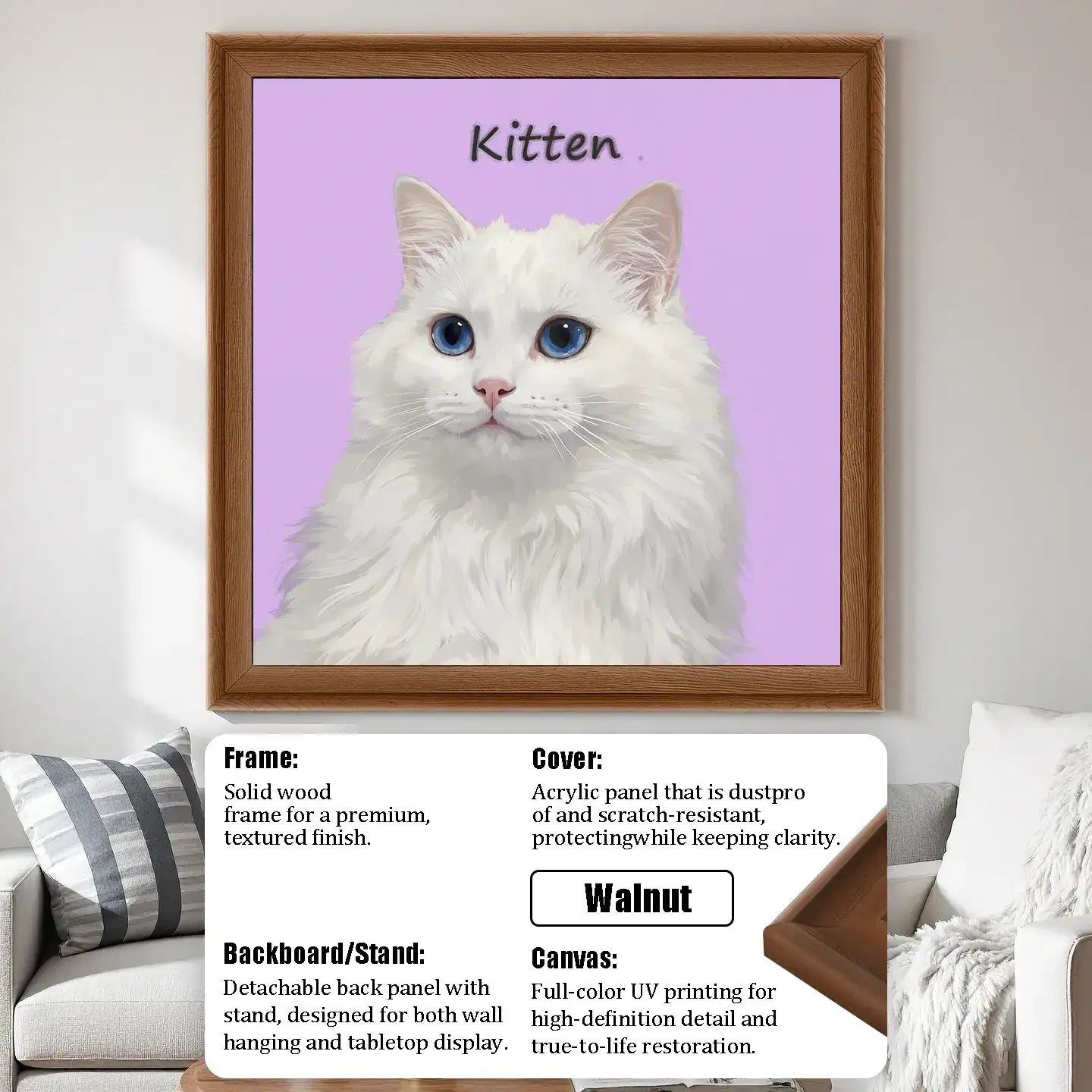 Personalized white kitten portrait, custom pet painting, framed walnut wood wall art, ideal pet owner gift.