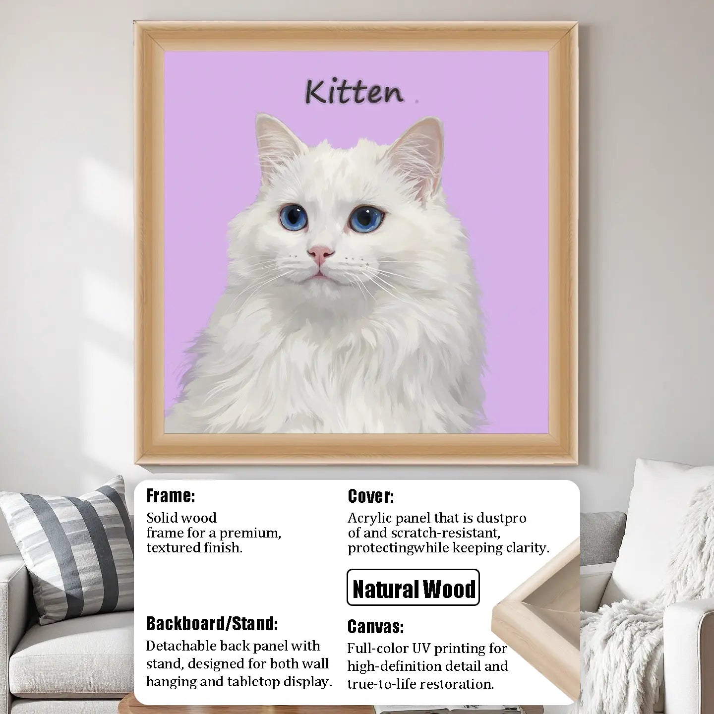 Custom white cat portrait painting, personalized pet wall art gift with natural wood frame.
