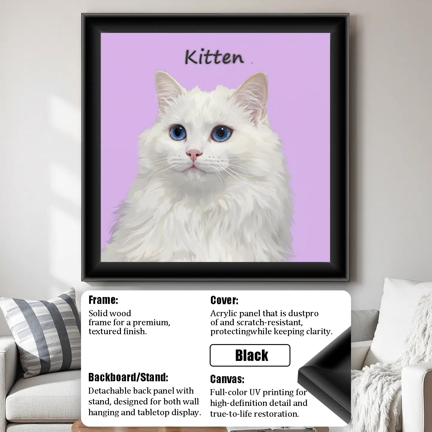Custom framed white cat portrait painting, personalized pet wall art gift for cat lovers.