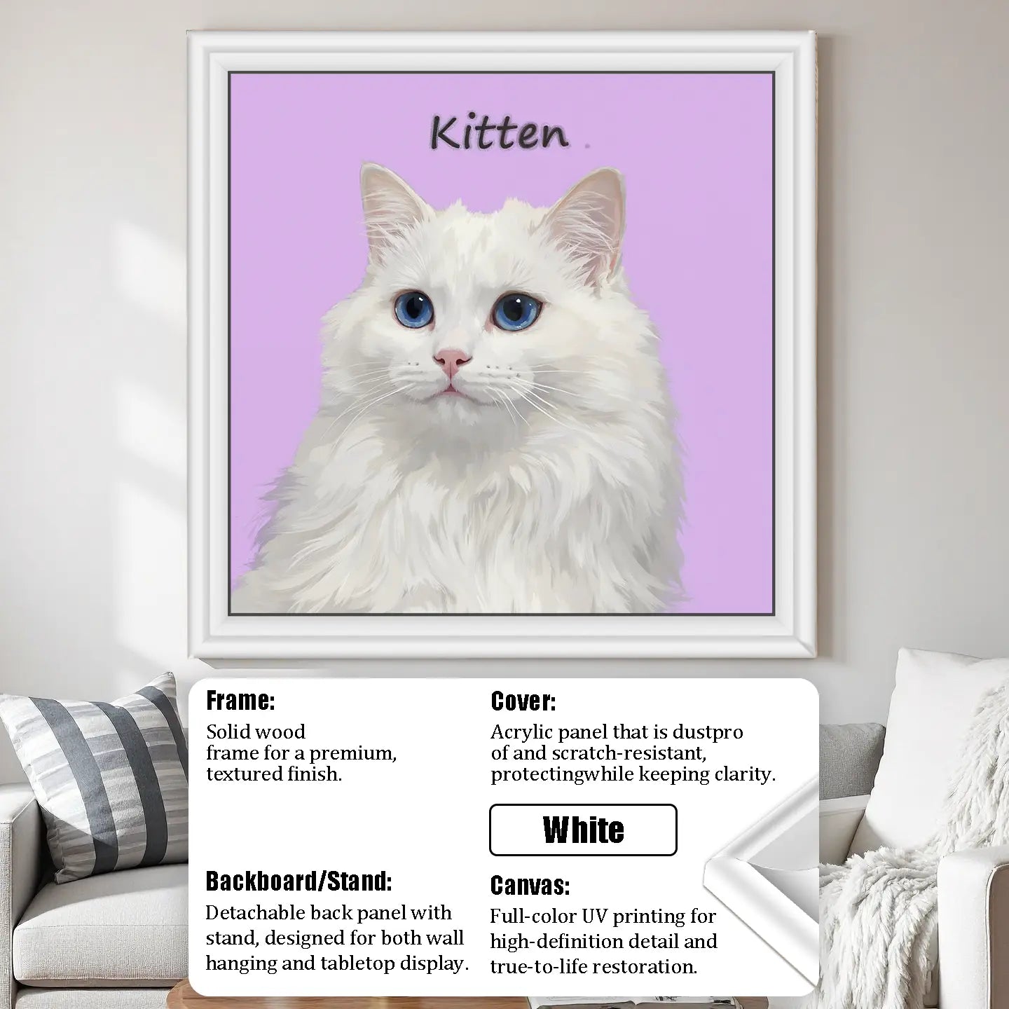 Custom pet portrait: personalized white cat painting with blue eyes. Pet wall art gift for pet lovers.