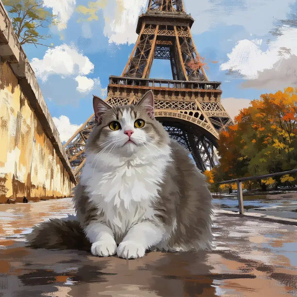 Custom pet portrait: personalized cat painting featuring Eiffel Tower, ideal pet wall art gift.