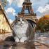 Custom pet portrait: personalized cat painting featuring Eiffel Tower, ideal pet wall art gift.