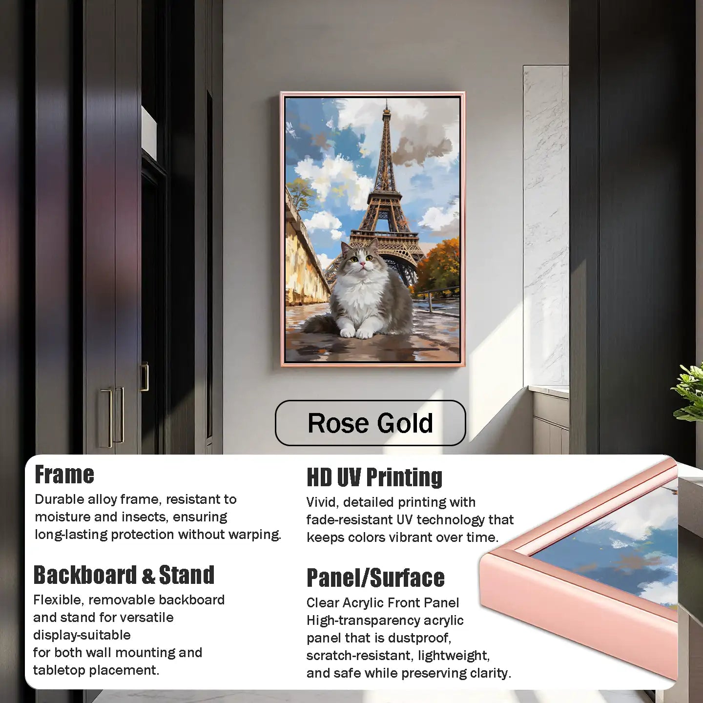 Rose gold framed custom cat portrait. Personalized pet painting & wall art gift.
