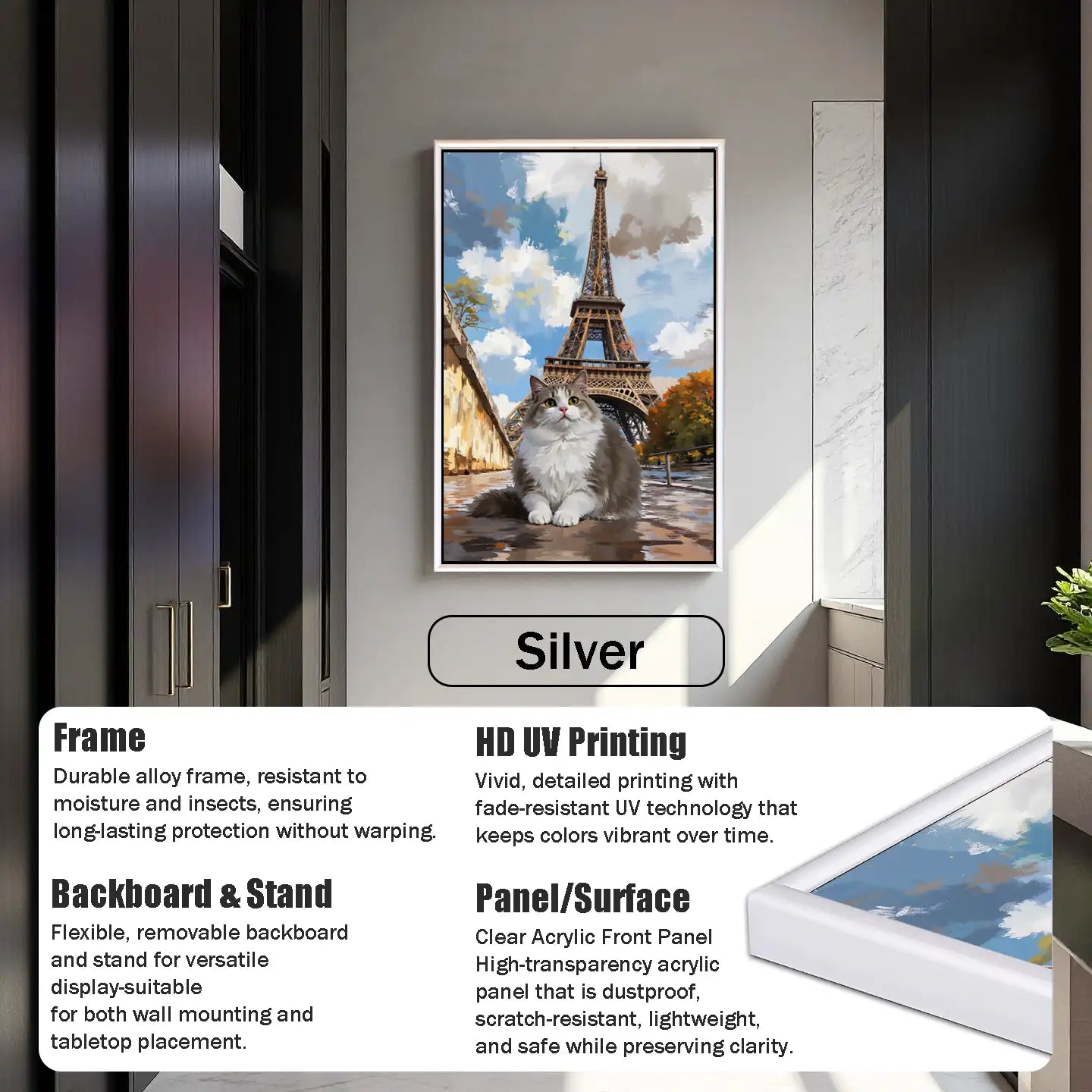 Custom pet portrait: personalized cat painting in Paris with Eiffel Tower. Pet wall art gift, silver frame.