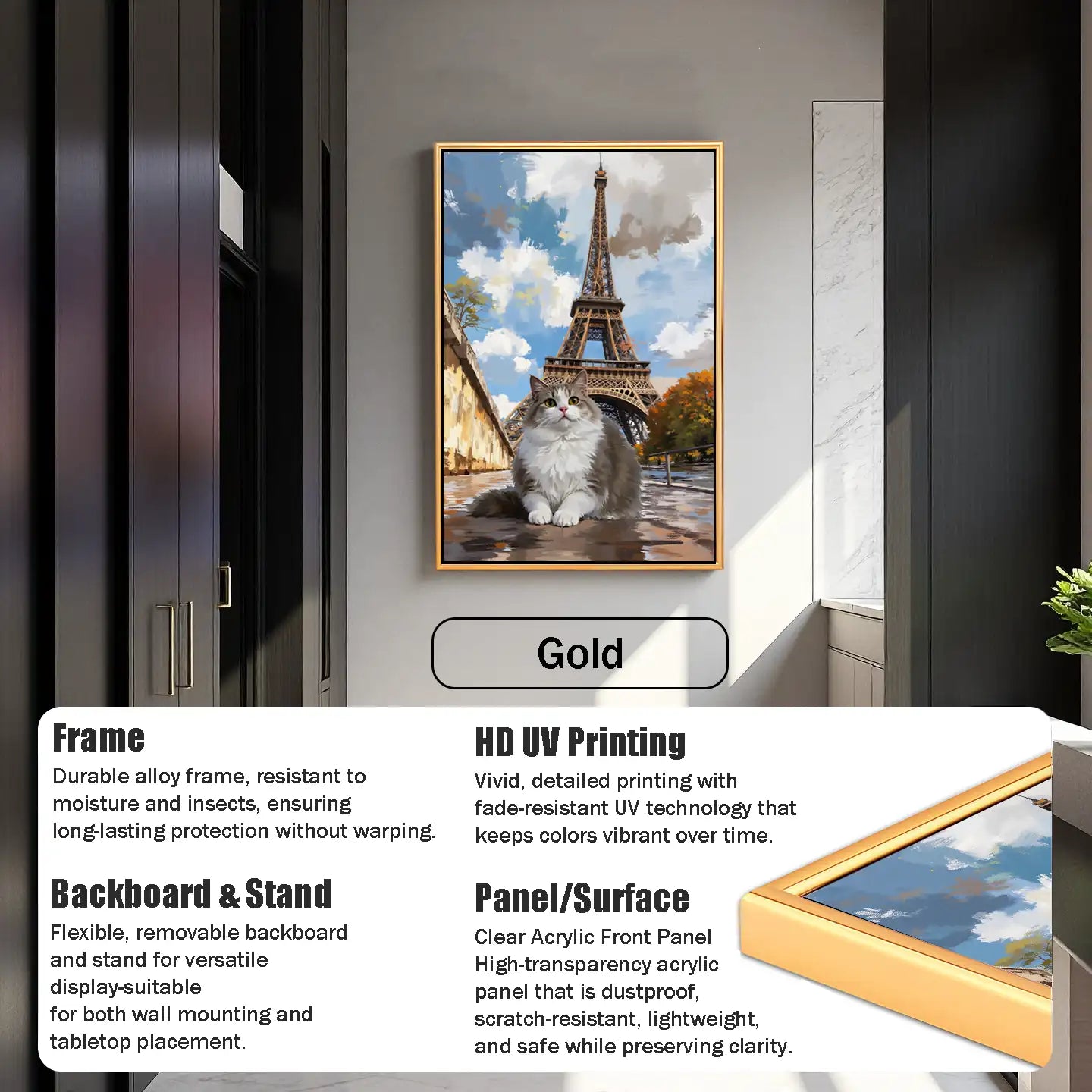 Gold framed custom cat portrait with Eiffel Tower background. Personalized pet painting gift.
