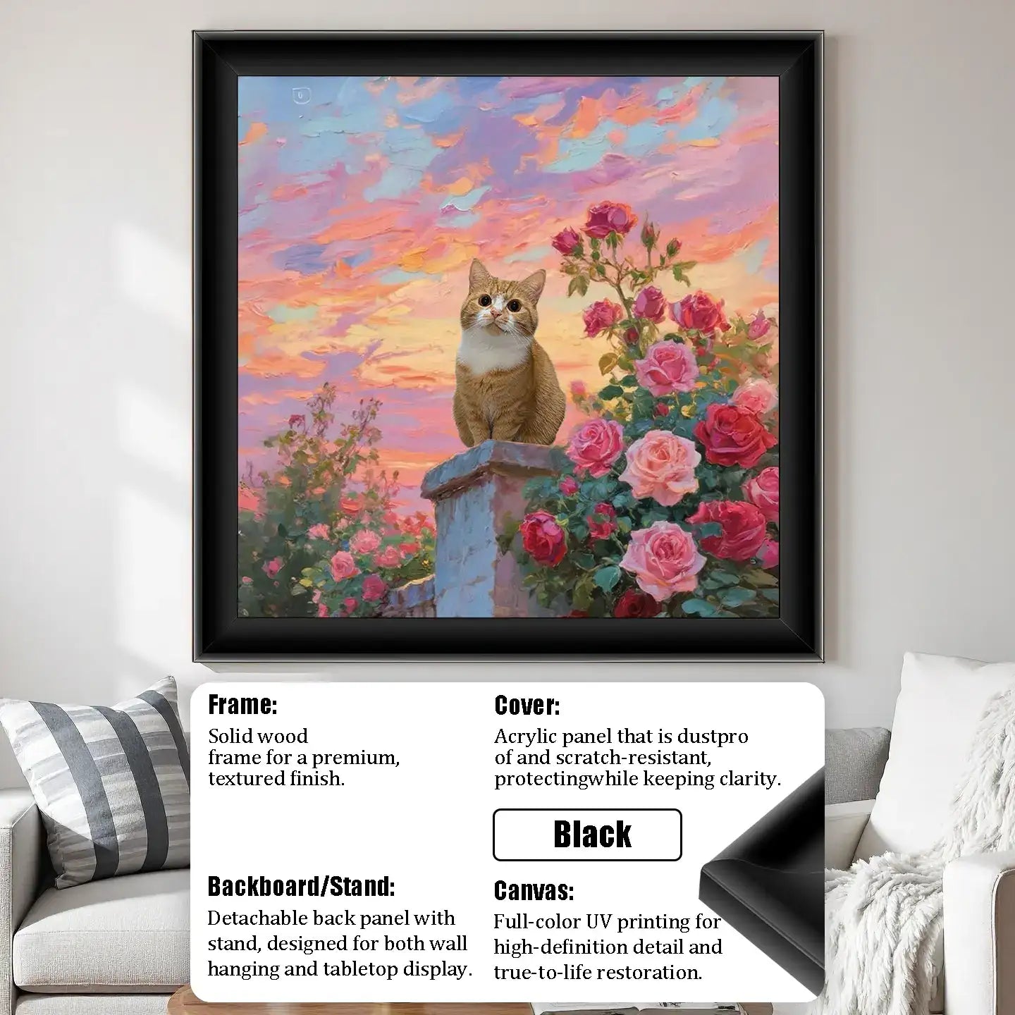 Custom pet portrait, personalized cat painting. Black framed pet wall art gift, orange cat among roses at sunset.