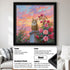 Custom pet portrait, personalized cat painting. Black framed pet wall art gift, orange cat among roses at sunset.