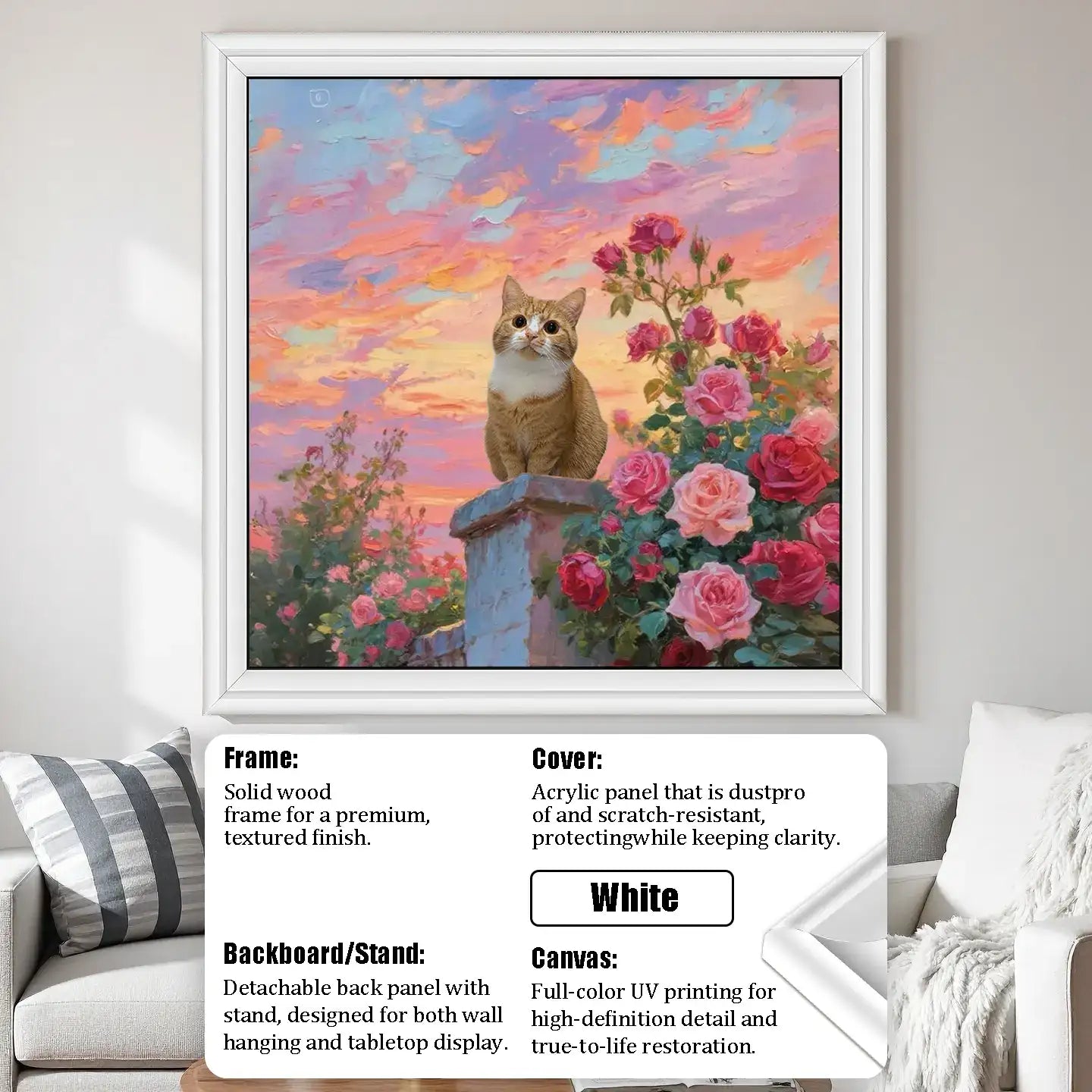 Custom cat portrait painting, personalized pet wall art gift. Framed orange cat with roses and sunset.