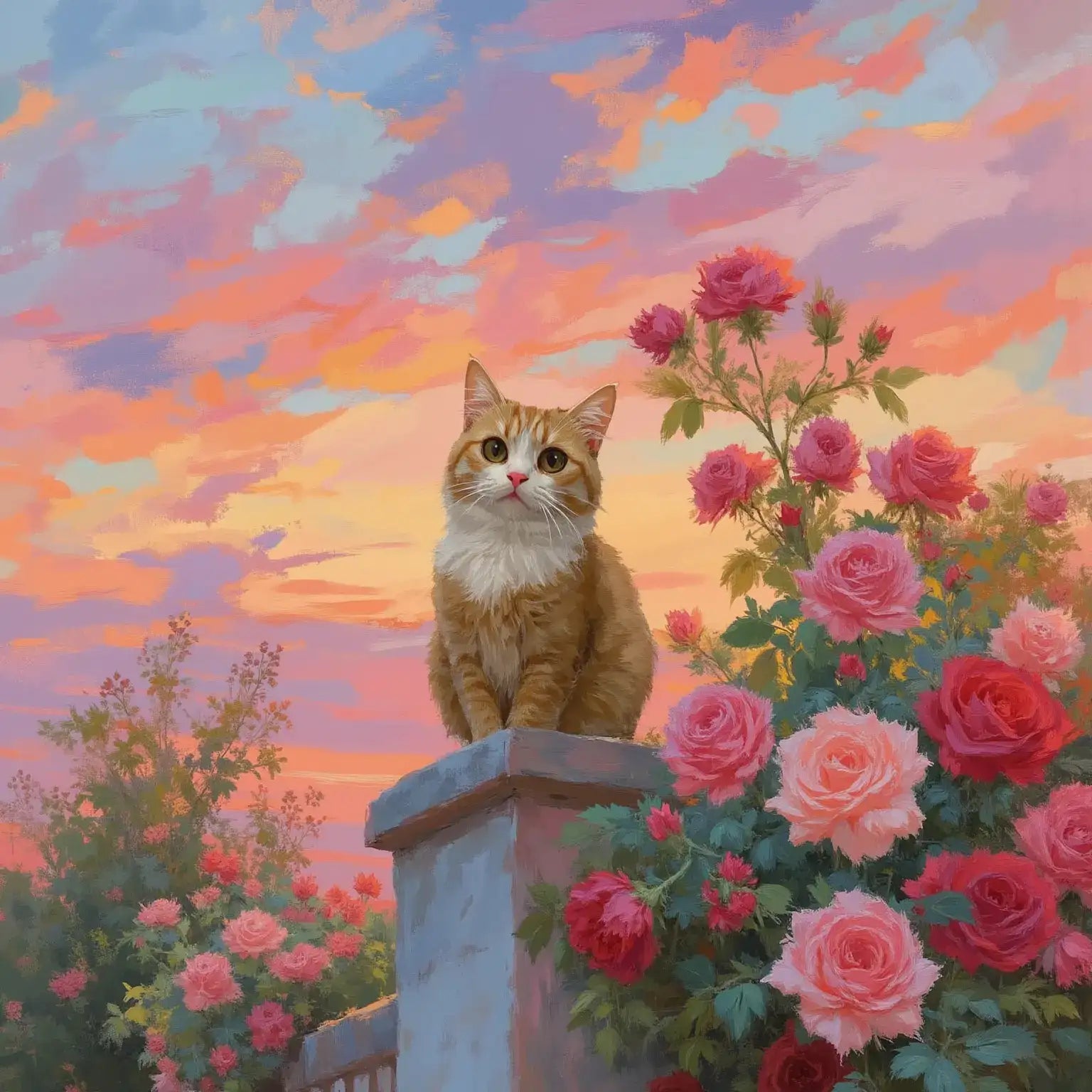 Custom cat portrait painting, personalized pet wall art gift of a cute cat in rose garden at sunset.