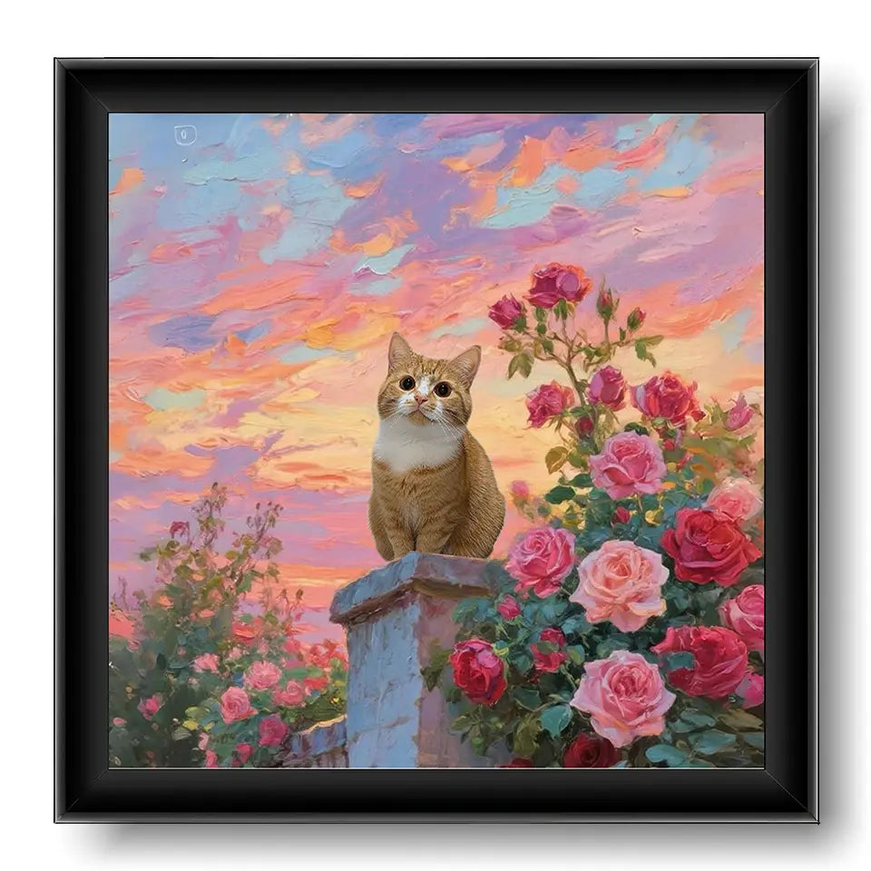 Custom pet portraits: charming orange cat in rose garden at sunset. Personalized dog or cat paintings, pet wall art gifts.