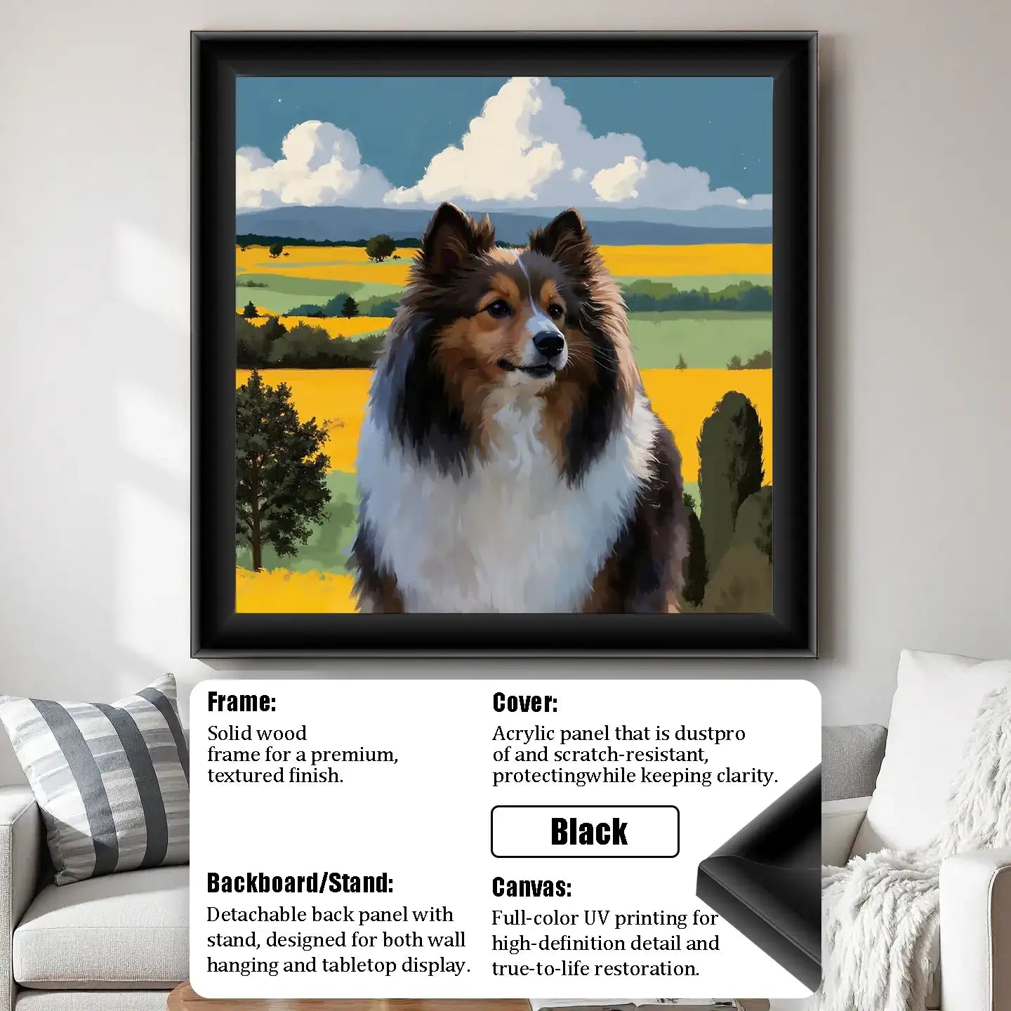 Framed custom Shetland Sheepdog pet portrait painting, personalized dog wall art gift.