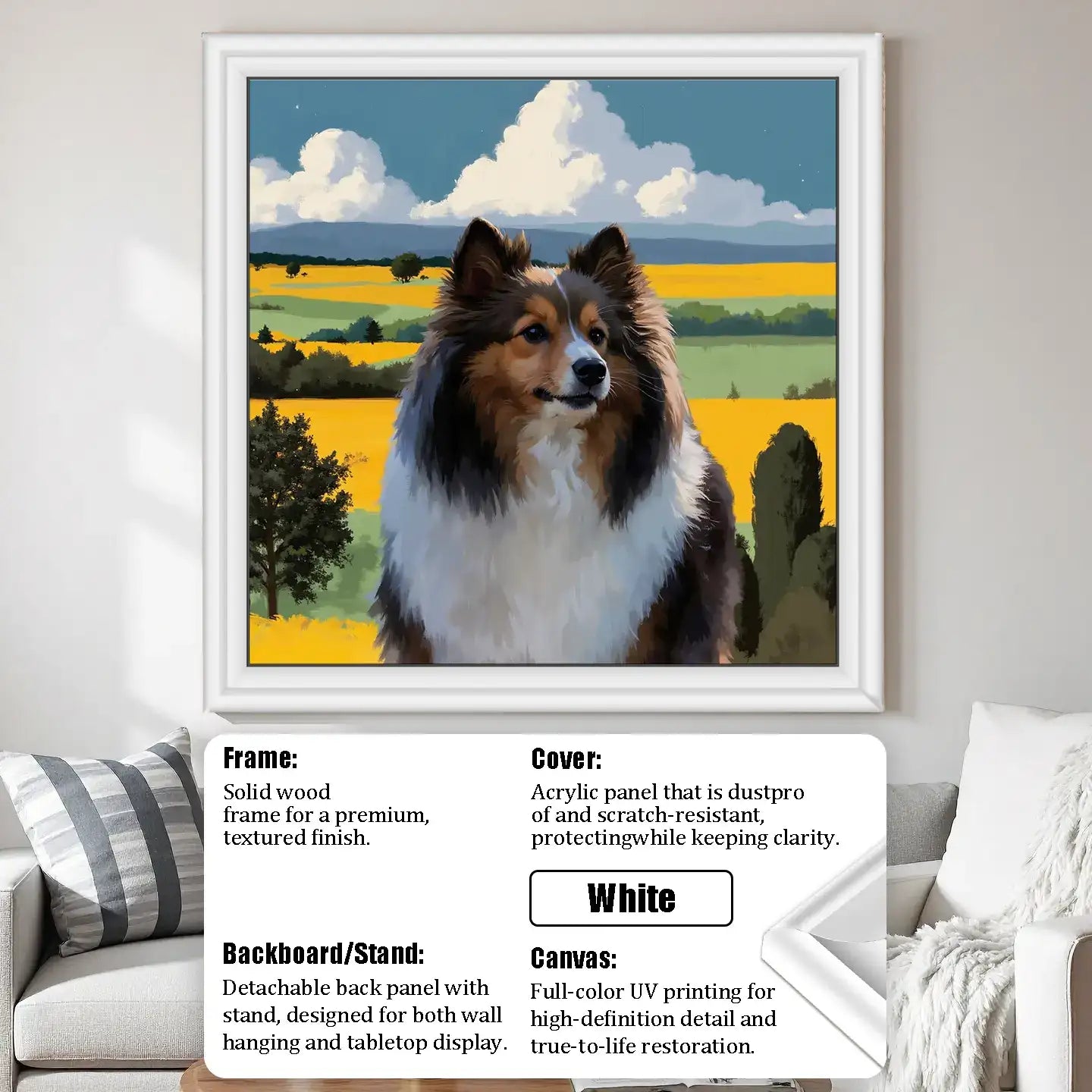 Shetland Sheepdog custom pet portrait, personalized dog painting framed wall art, unique pet gift for dog lovers.