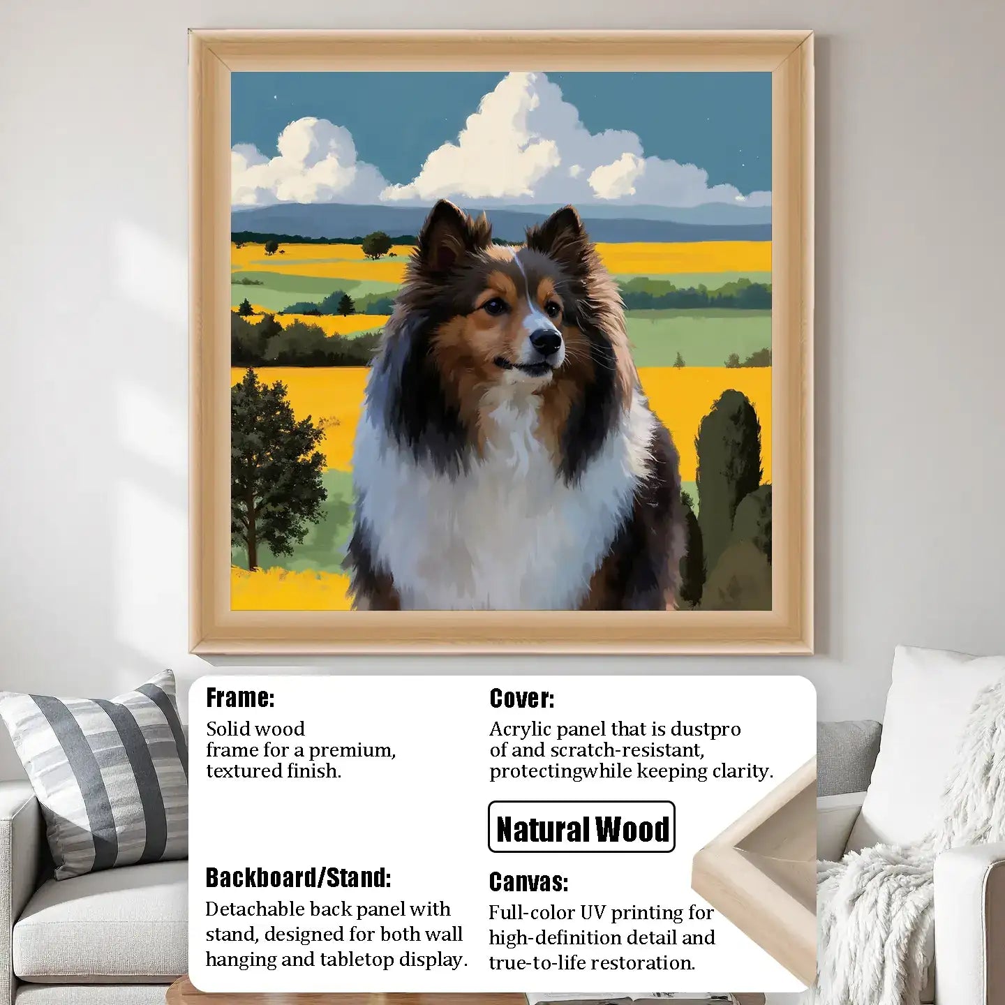 Framed custom pet portrait dog painting, personalized wall art gift with natural wood frame & acrylic cover.