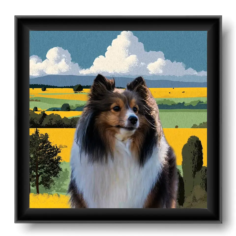 Custom Sheltie dog portrait painting, personalized pet wall art gift featuring a vibrant landscape background.