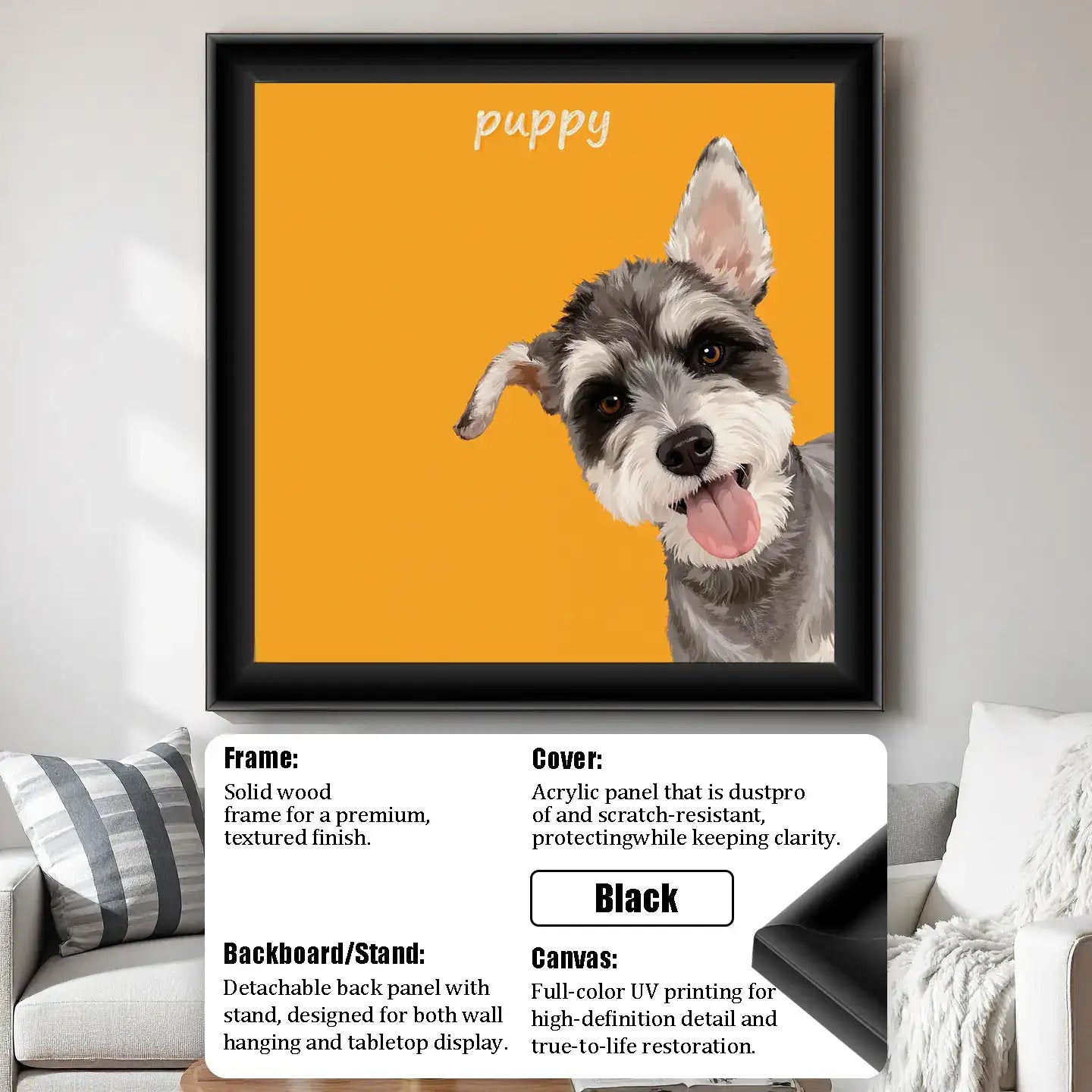 Black framed custom Schnauzer puppy portrait, personalized dog painting, pet wall art gift.