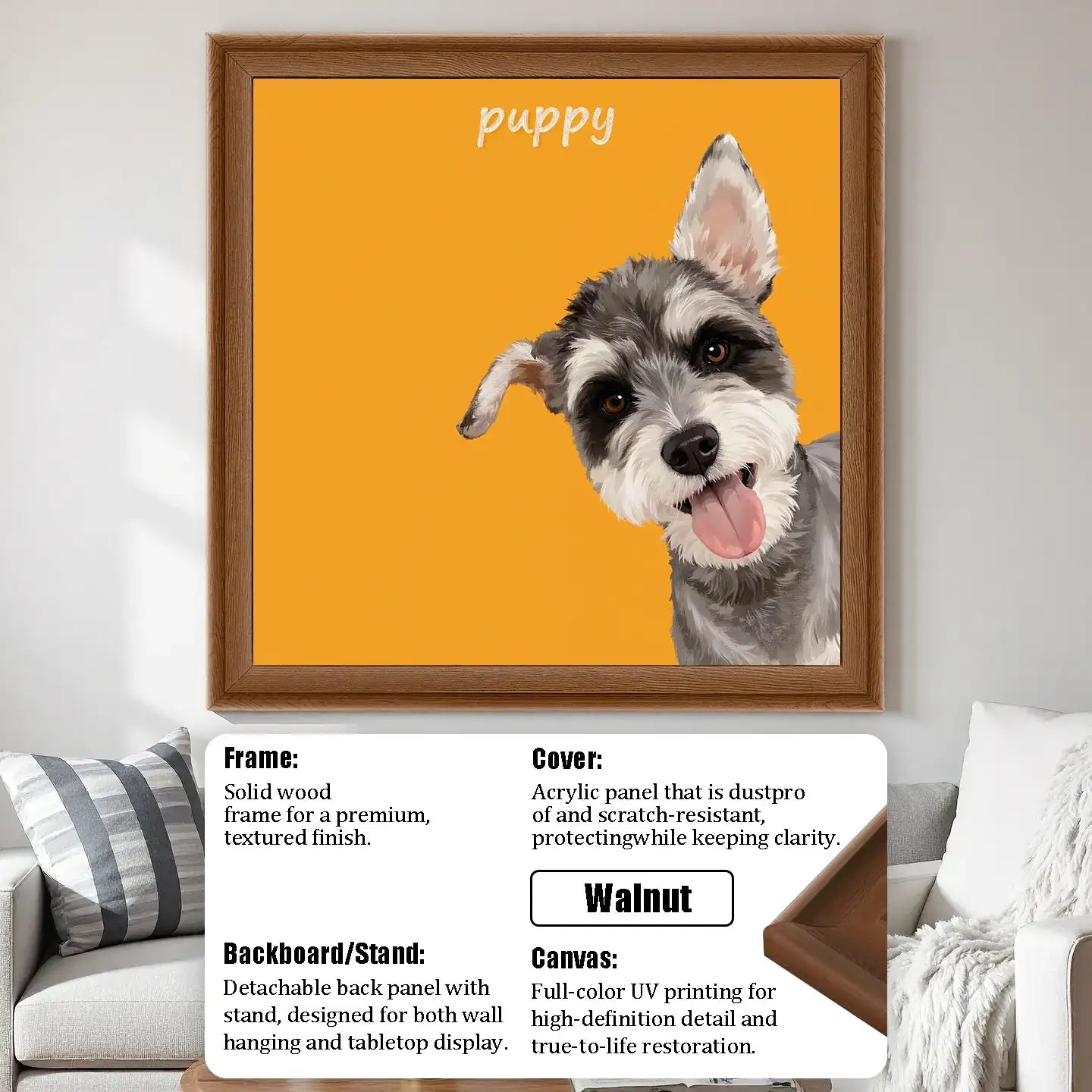 Personalized Schnauzer puppy portrait framed in walnut. Custom dog painting, unique pet wall art gift.