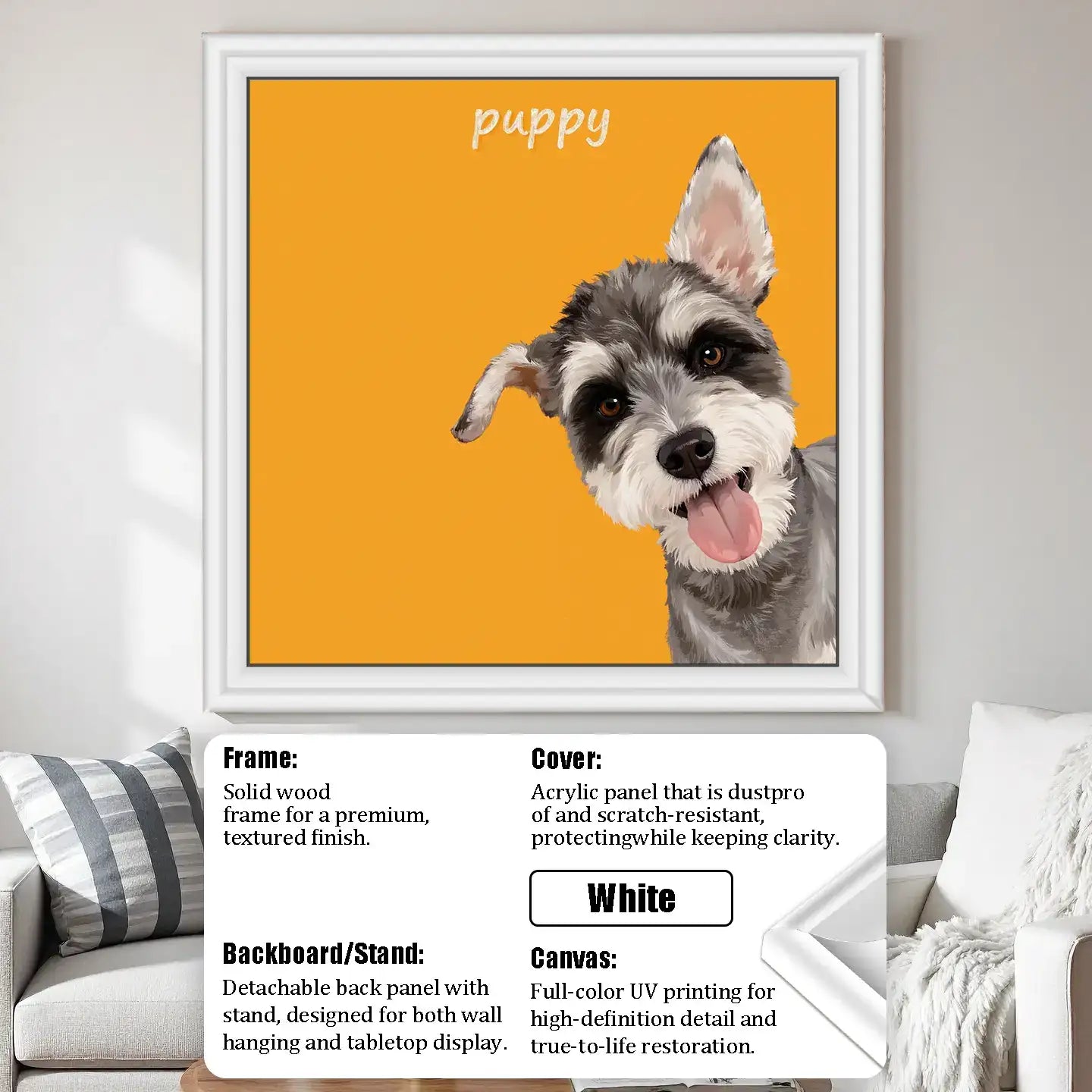 Framed custom pet portrait: personalized schnauzer puppy painting, unique dog wall art gift.