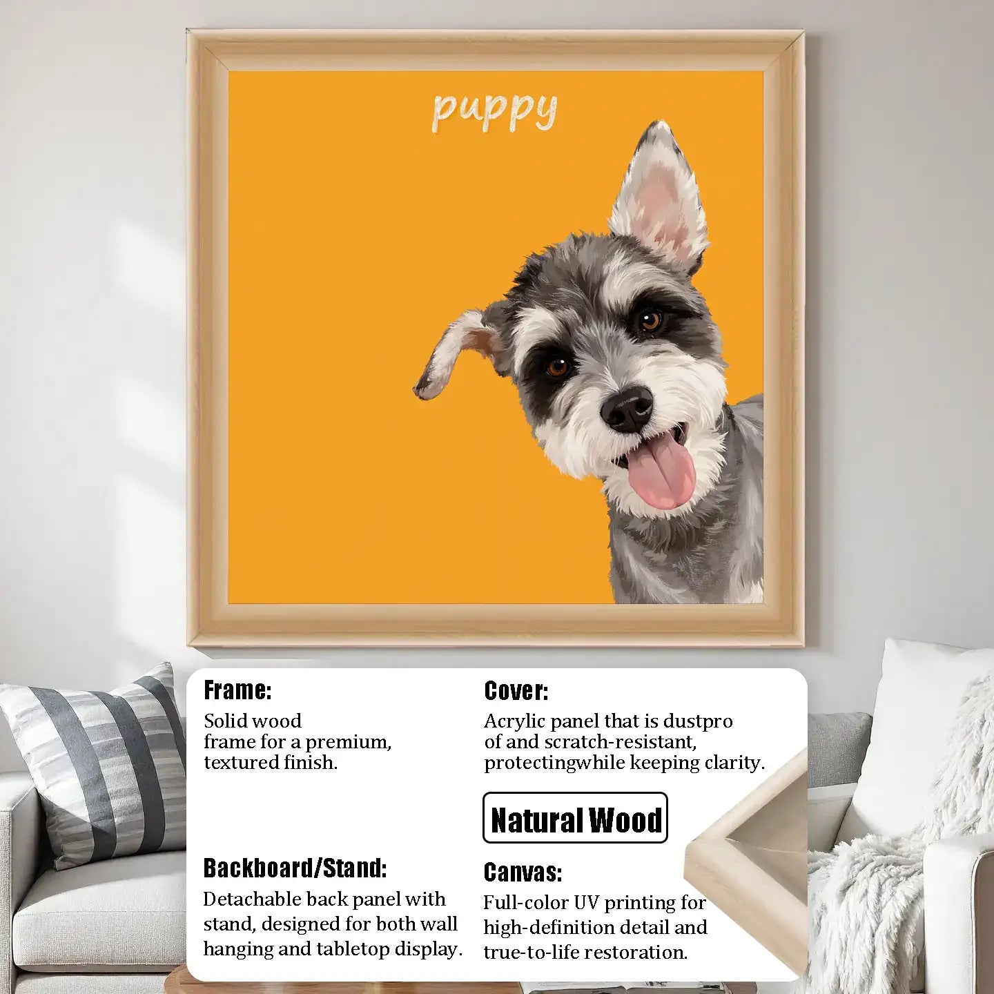 Custom pet portrait of a puppy, personalized dog painting, framed pet wall art gift with natural wood.