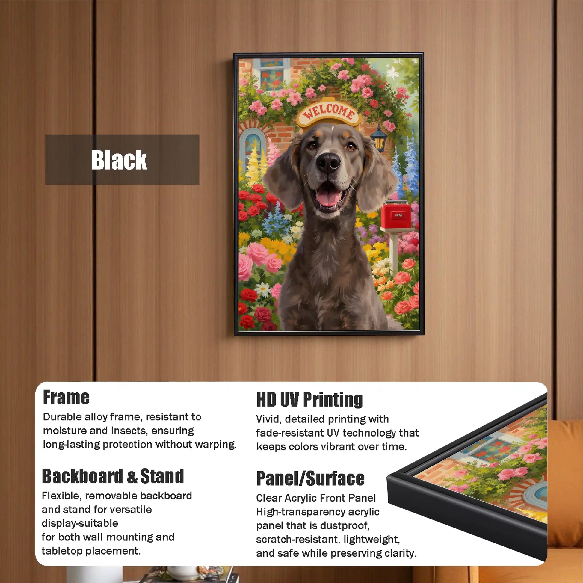Black framed custom pet portrait of a happy dog, ideal personalized dog painting and pet wall art gift.