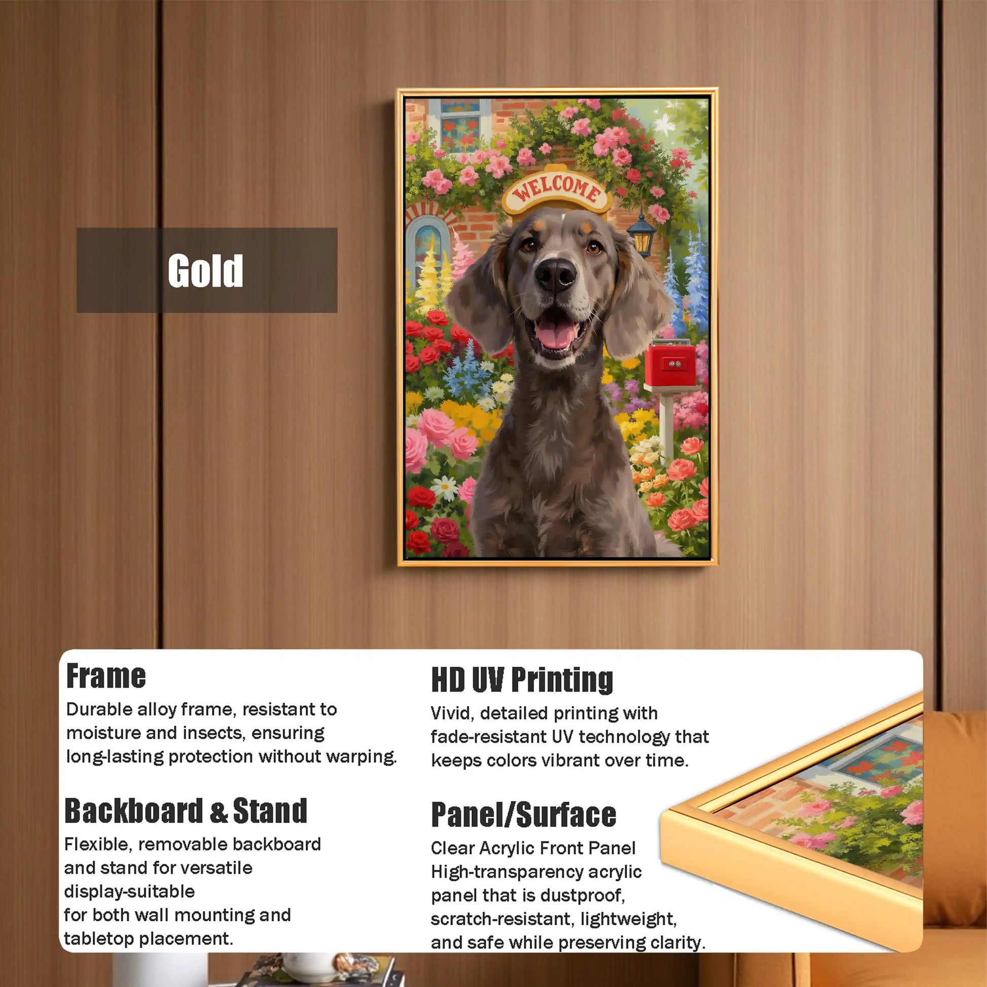 Gold-framed custom dog portrait painting, personalized pet wall art gift for dog moms and lovers.
