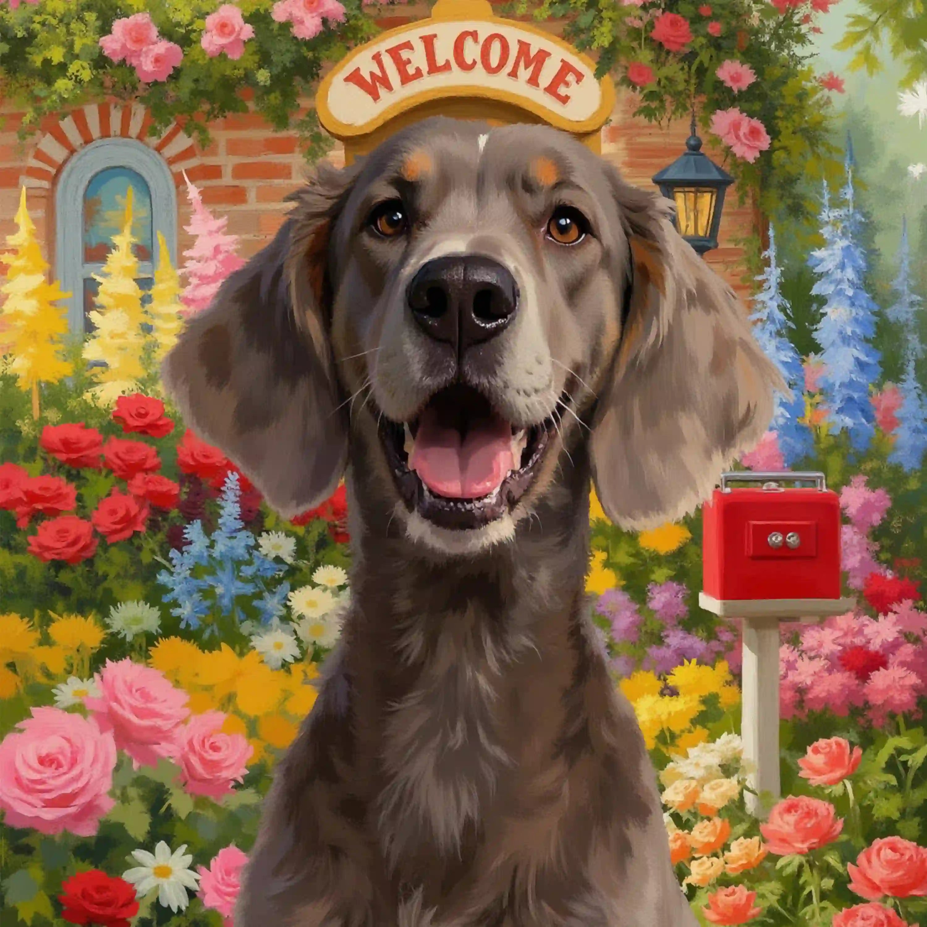 Custom pet portrait of a happy dog in a vibrant flower garden. Personalized dog painting, ideal pet wall art gift.
