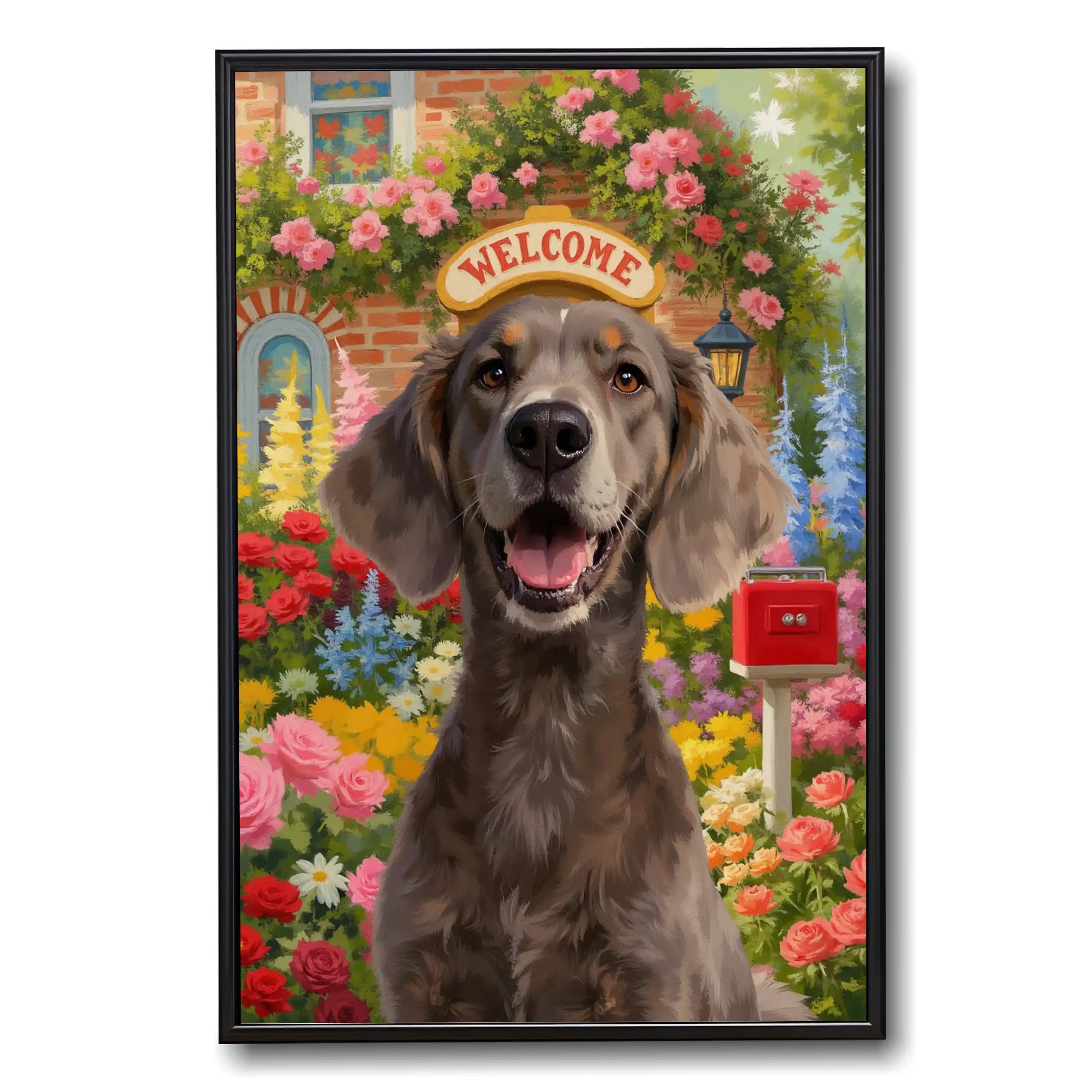 Personalized dog painting, custom pet portrait of a happy dog in a vibrant flower garden, pet wall art gift.