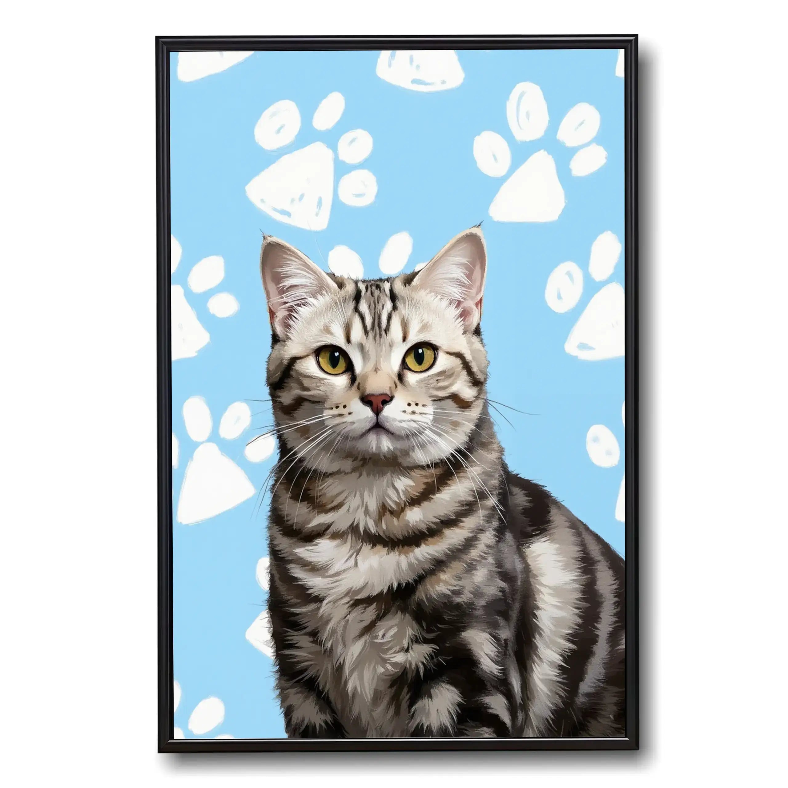 Framed custom pet portrait of a tabby cat on blue paw print background. Personalized cat painting, great pet wall art gift.