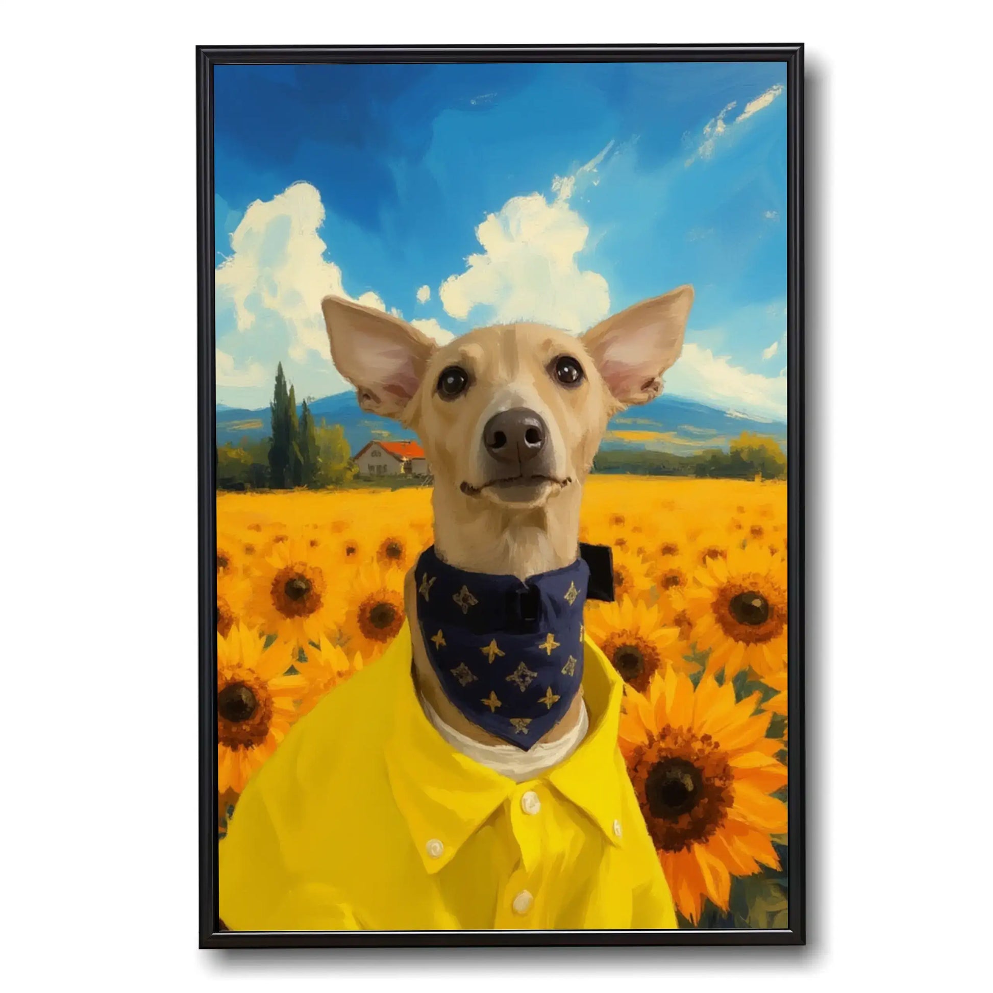 Custom digital dog portrait, personalized painting in sunflower field, pet wall art gift.