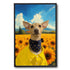 Custom digital dog portrait, personalized painting in sunflower field, pet wall art gift.