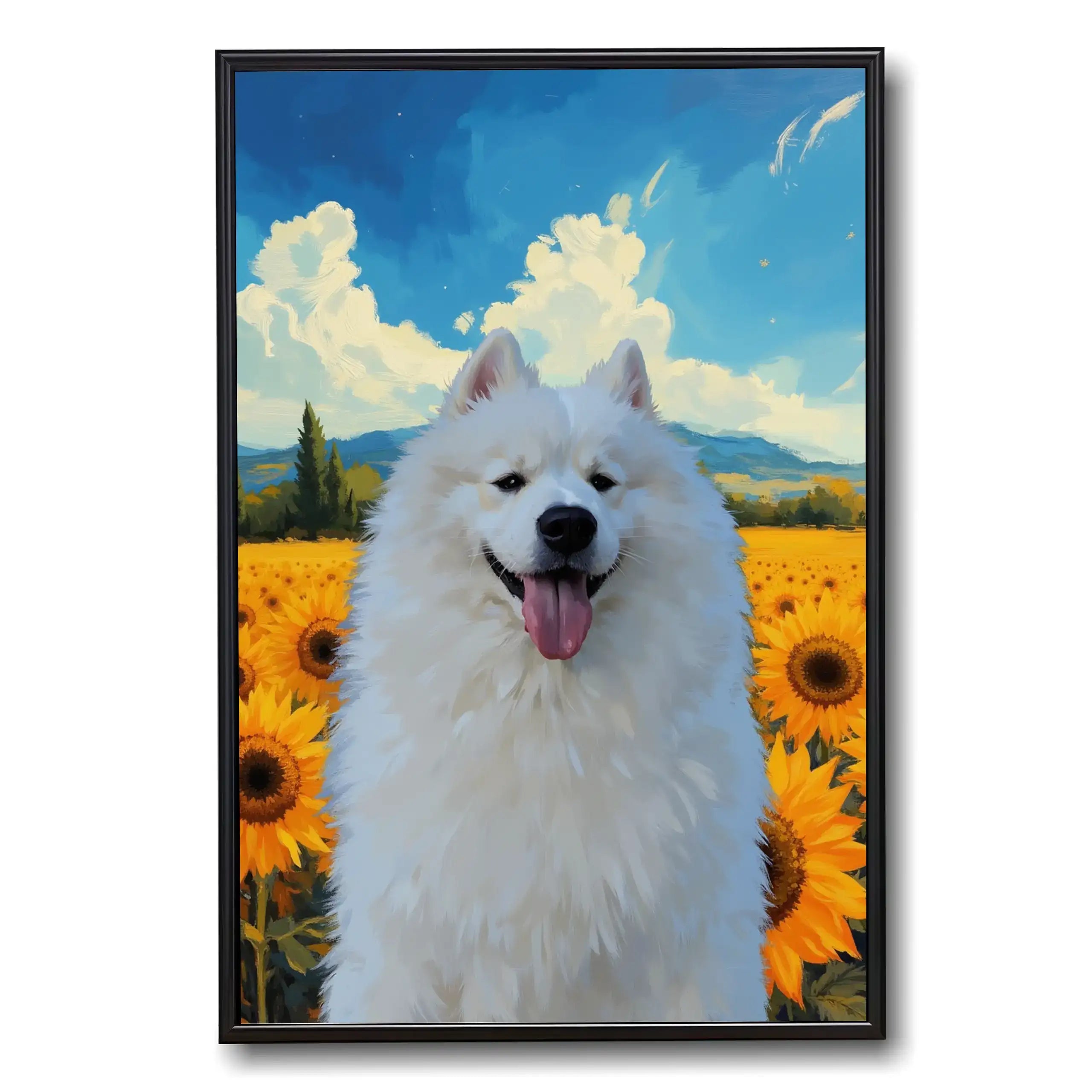 Custom Samoyed dog painting in sunflower field. Personalized pet portrait wall art gift for pet lovers.