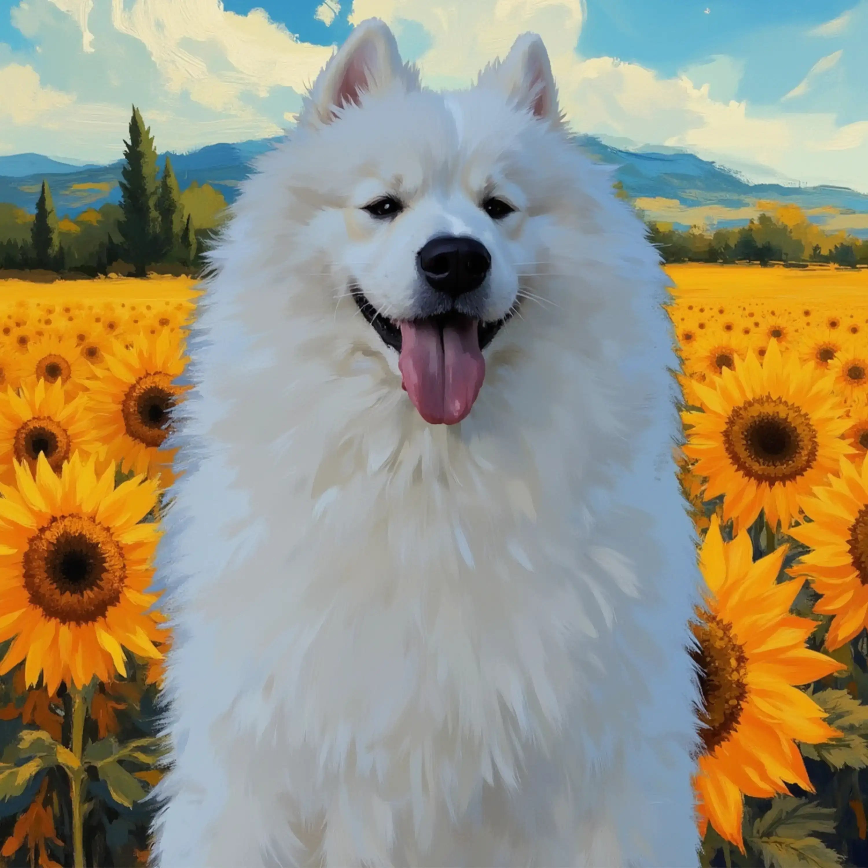 Custom pet portrait of a smiling Samoyed in a sunflower field. Personalized dog painting, perfect pet wall art gift.