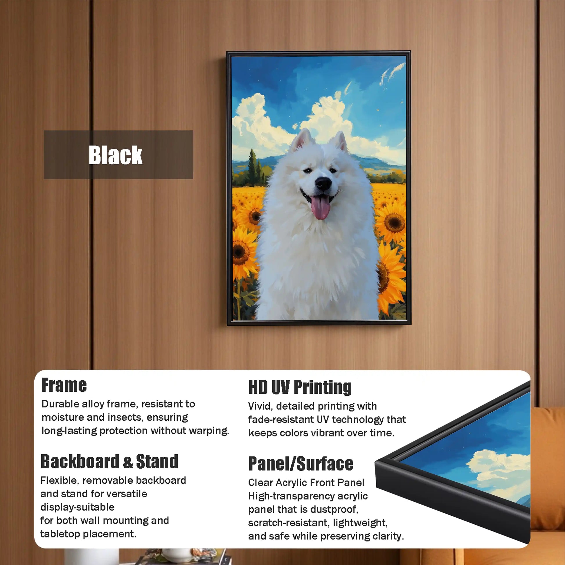 Black framed custom pet portrait of a happy white Samoyed dog in sunflowers, a personalized dog painting wall art gift.