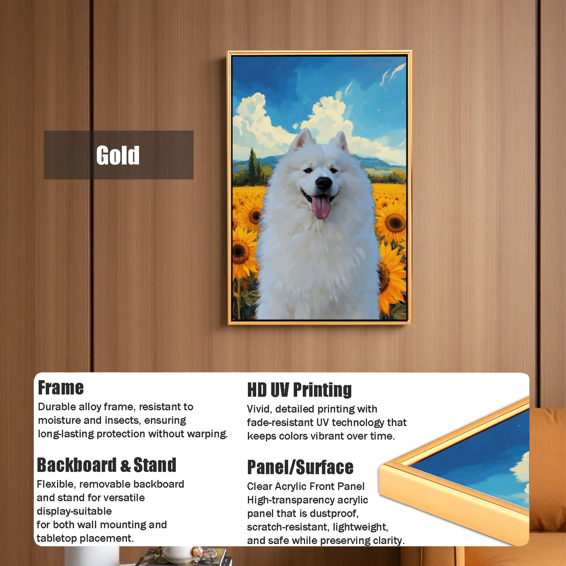Custom Samoyed dog portrait, personalized pet painting, gold framed pet wall art gift, HD UV print.