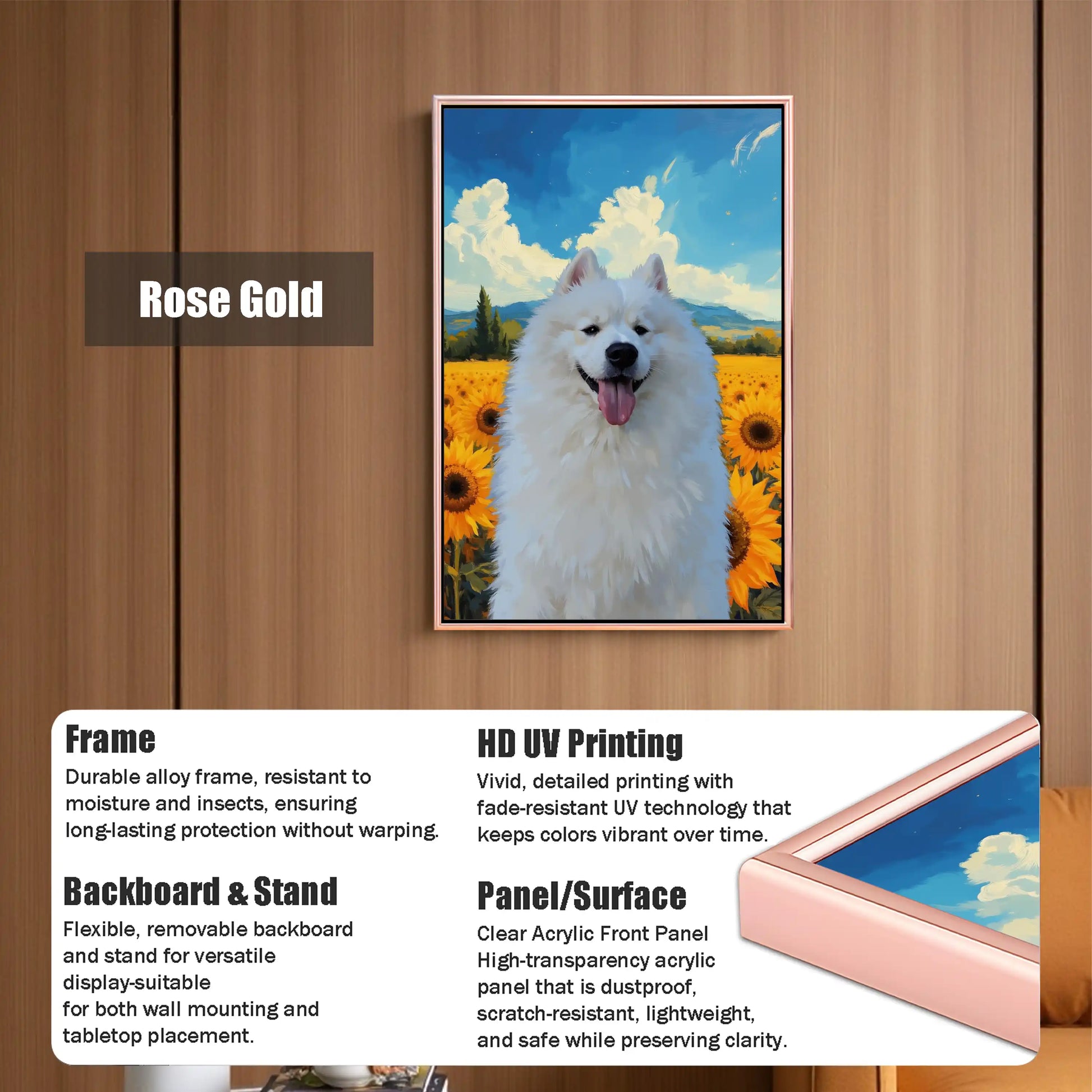 Rose Gold custom pet portrait frame, personalized dog painting wall art gift, Samoyed in sunflowers.