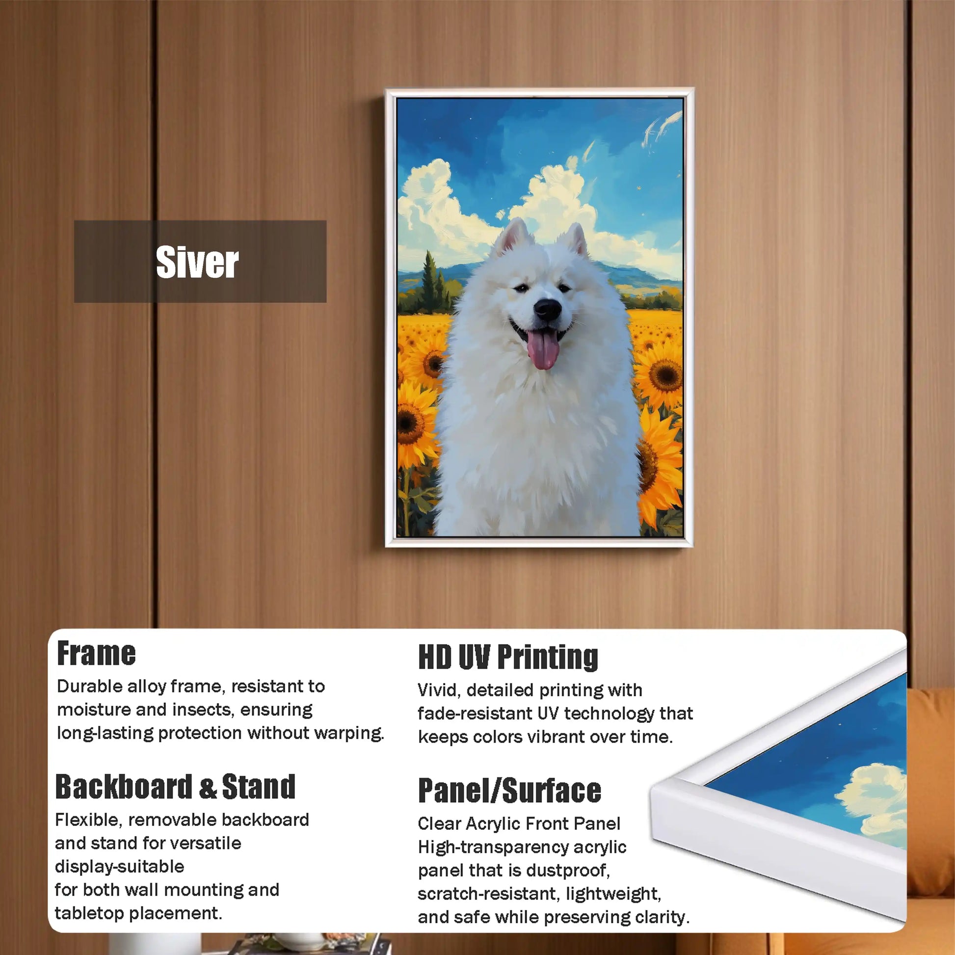 Custom Samoyed pet portrait, personalized dog painting. Framed wall art gift for pet lovers.