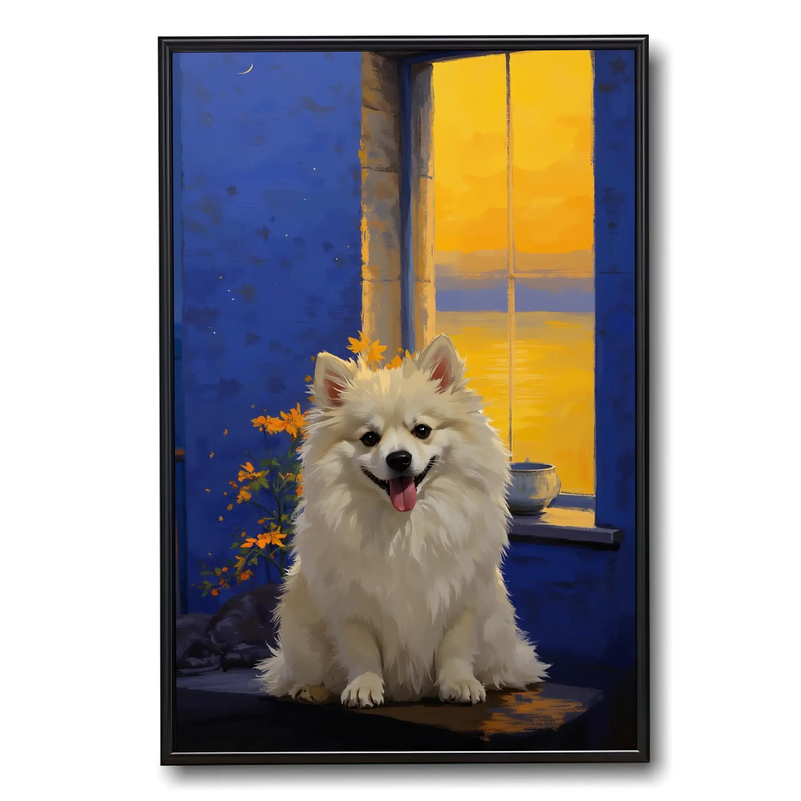 Custom pet portrait of a fluffy white dog, personalized dog painting wall art gift by sunset window.