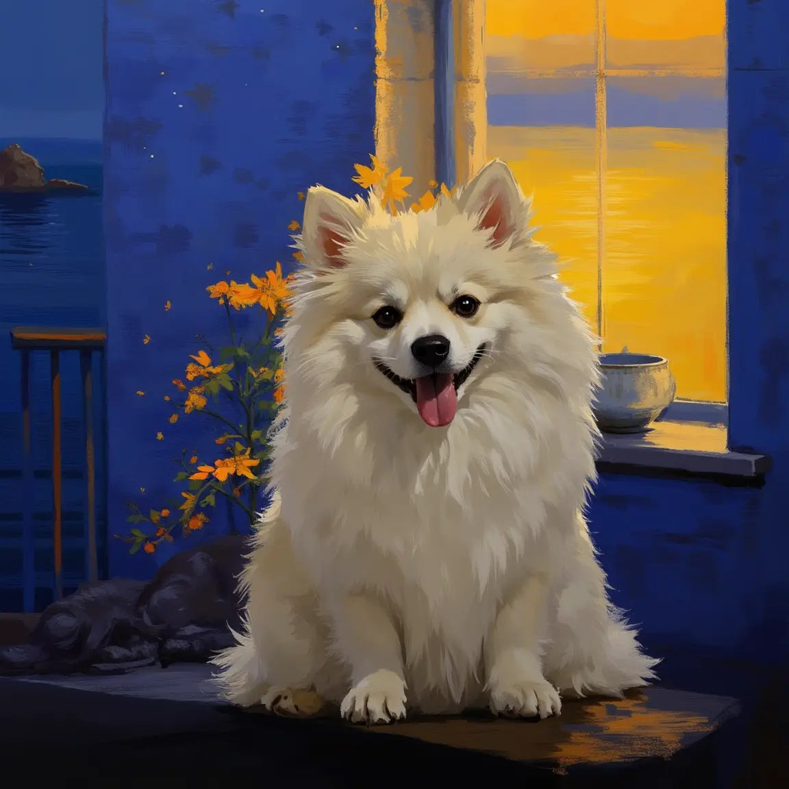 Custom pet portrait: personalized painting of a smiling white fluffy dog. Unique pet wall art gift with a sunset view.