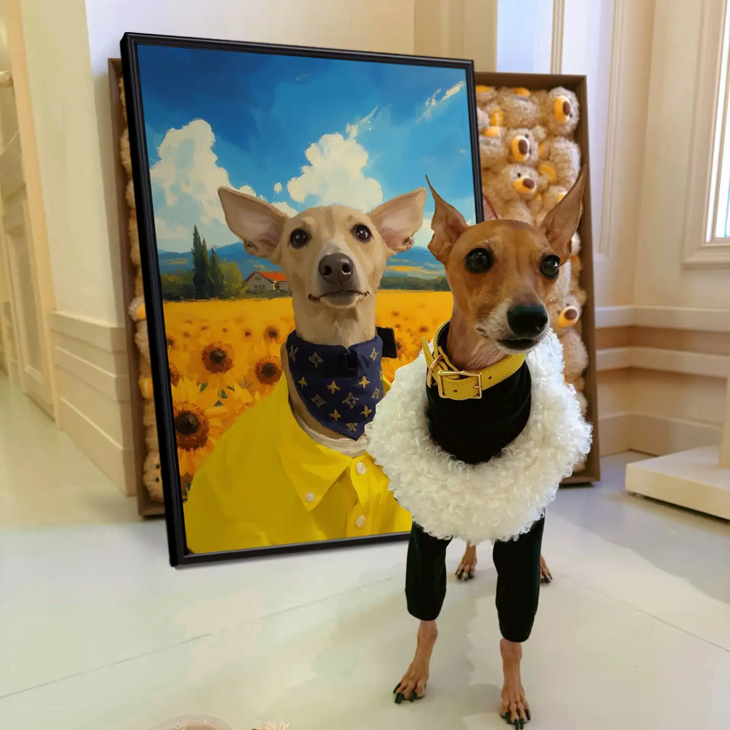 Custom pet portrait painting of a dog in sunflowers, perfect personalized dog wall art gift for dog lovers.