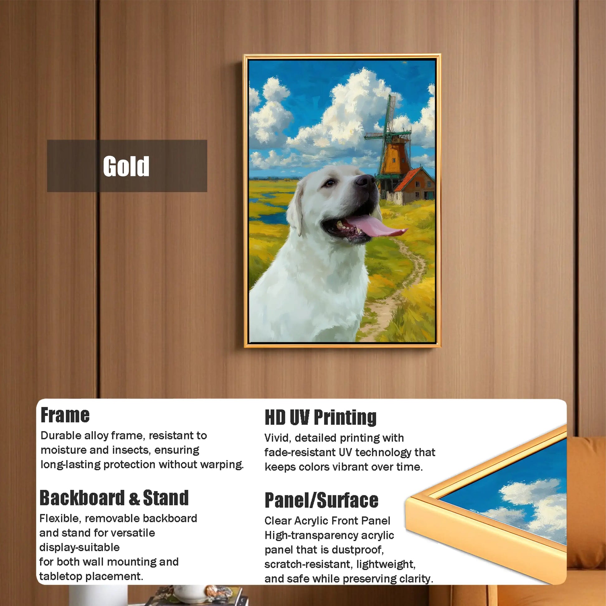 Gold framed custom pet portrait of a white Labrador dog. Personalized dog painting wall art gift.