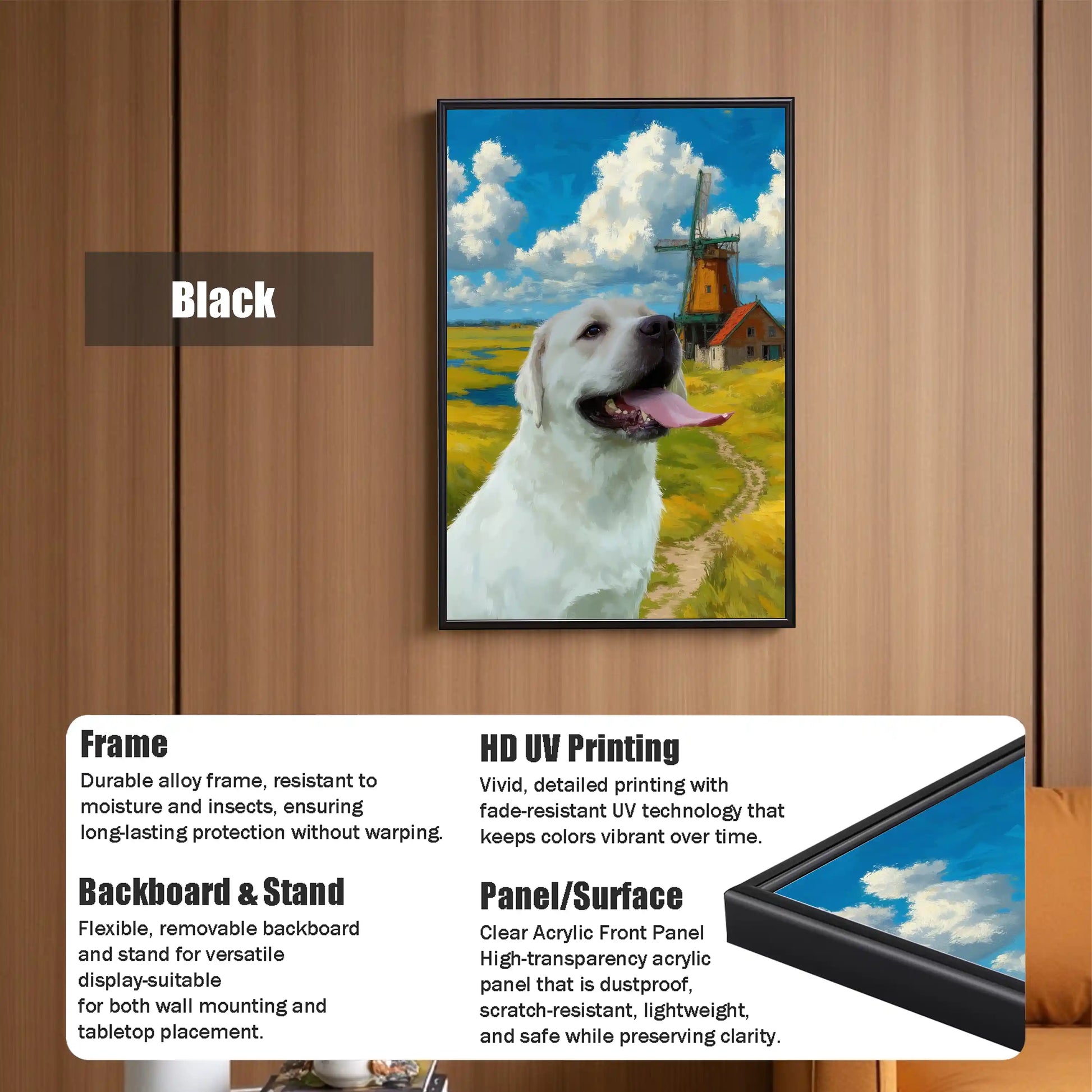 Personalized white dog portrait painting, black frame, custom pet wall art gift, HD UV print.
