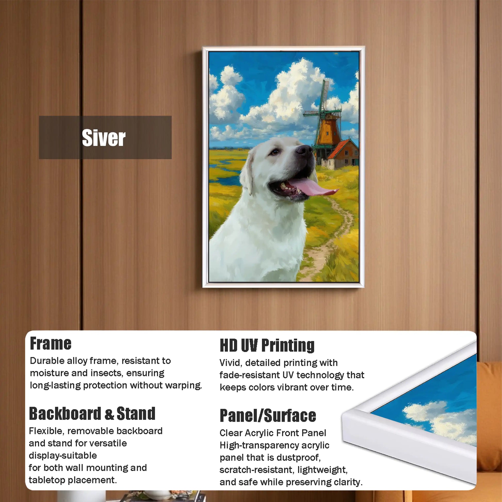 Framed custom pet portrait, personalized white dog painting. Perfect pet wall art gift.