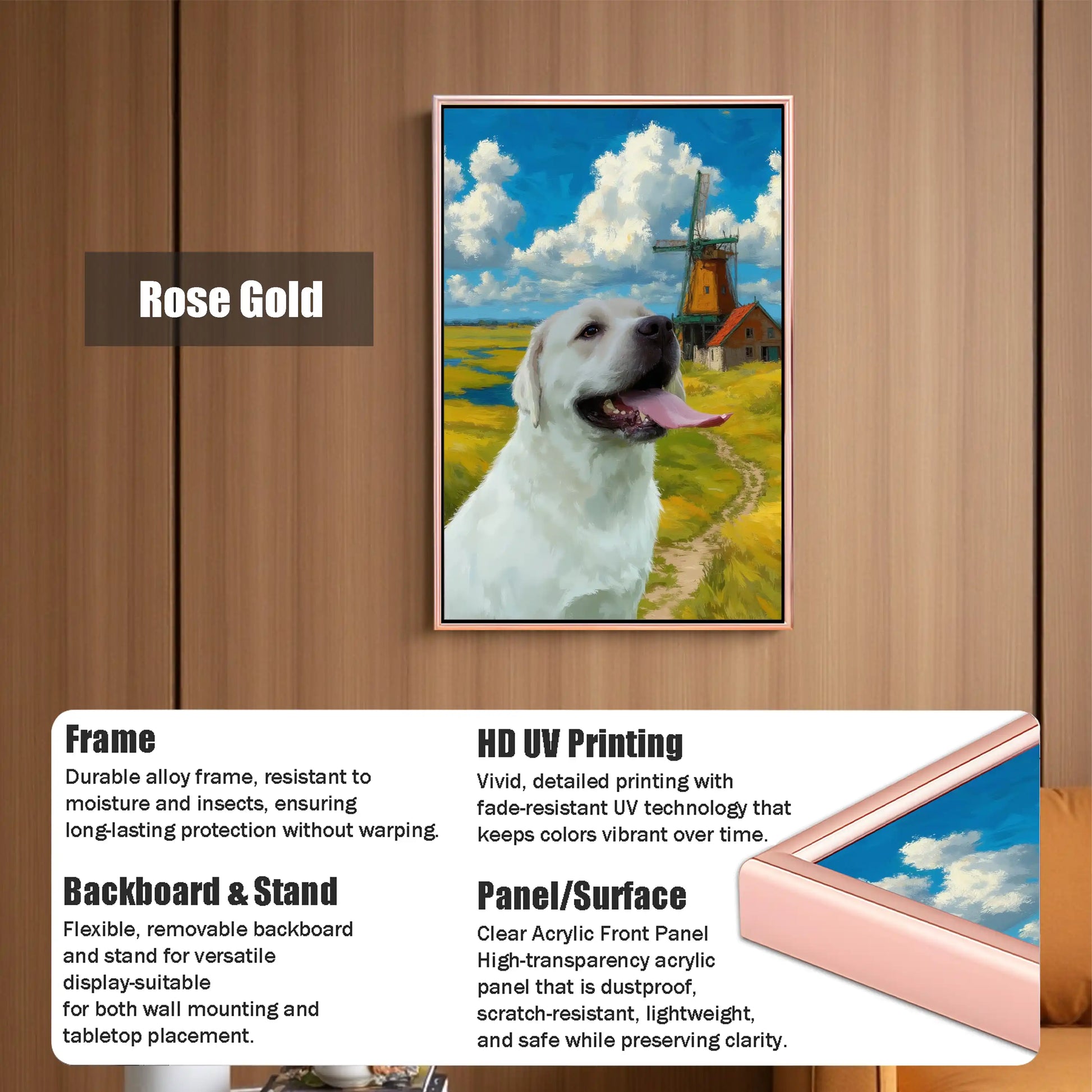 Rose Gold custom dog portrait, personalized pet painting wall art gift. Durable, fade-resistant.