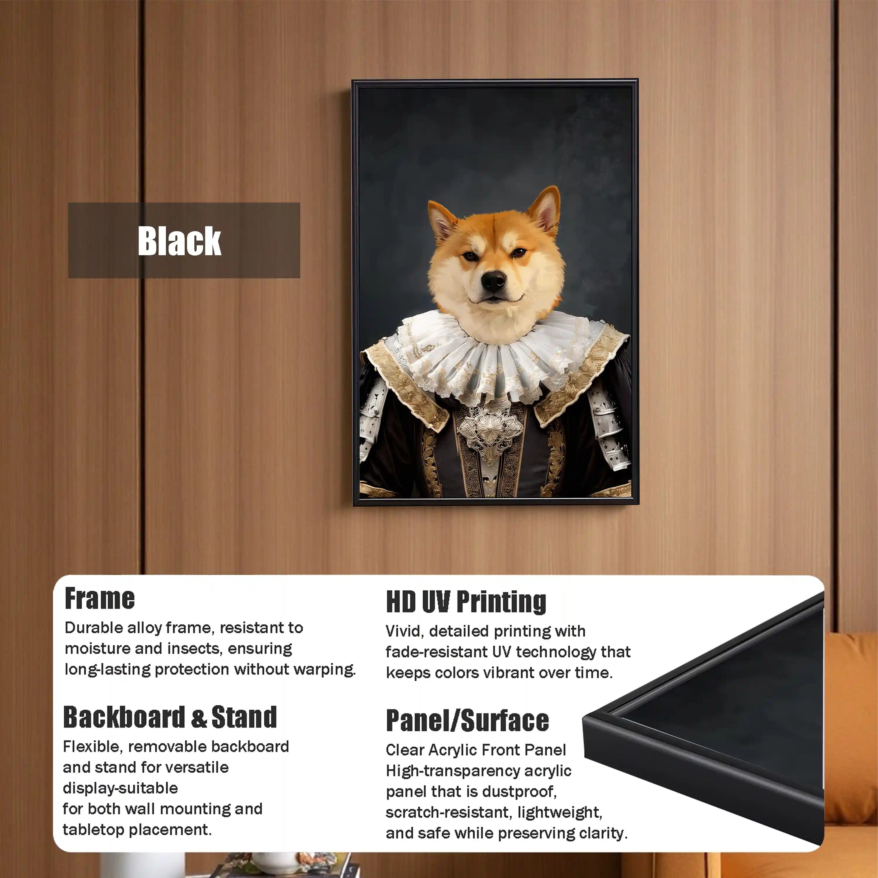 Custom Renaissance Shiba Inu pet portrait canvas painting in a black frame with clear acrylic panel, featuring HD UV printing for wall or tabletop display.