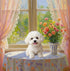 Custom pet portrait of a happy white dog, personalized dog painting. Perfect pet wall art gift by window.