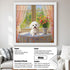 Custom pet portrait painting of a cute fluffy white dog by window, personalized dog wall art gift, framed.