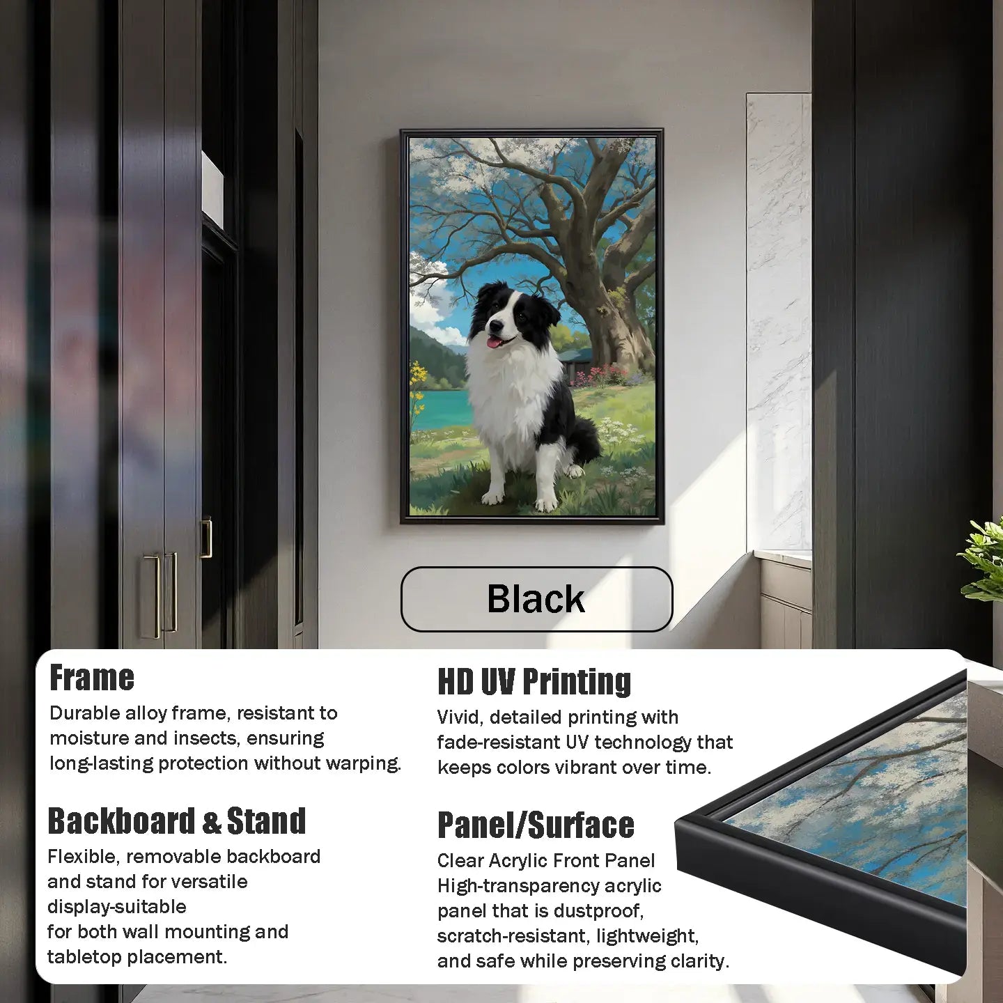 Custom pet portrait of white dog, personalized dog painting, pet wall art gift, black frame.