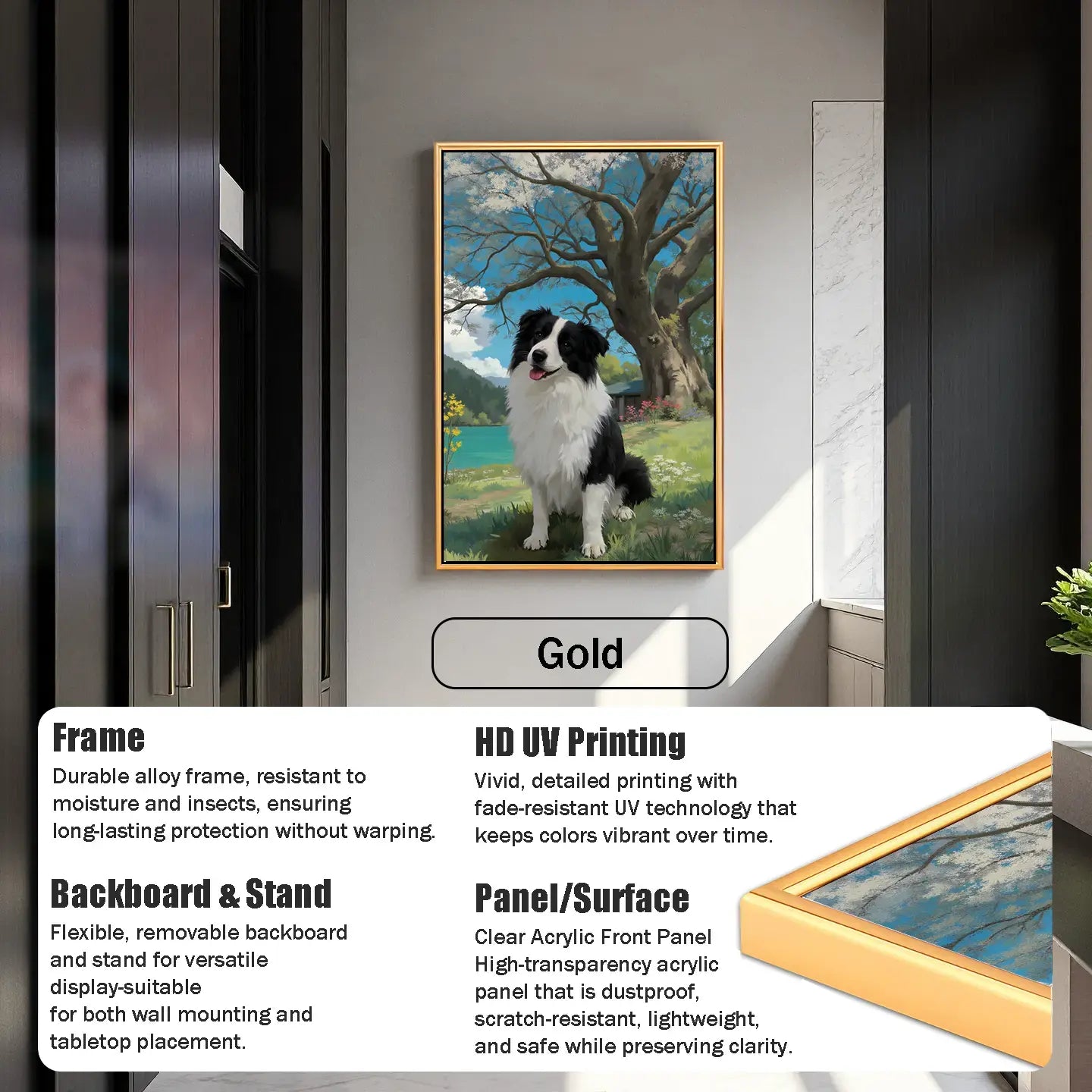 Gold-framed custom Border Collie pet portrait painting, personalized dog wall art gift for pet lovers.