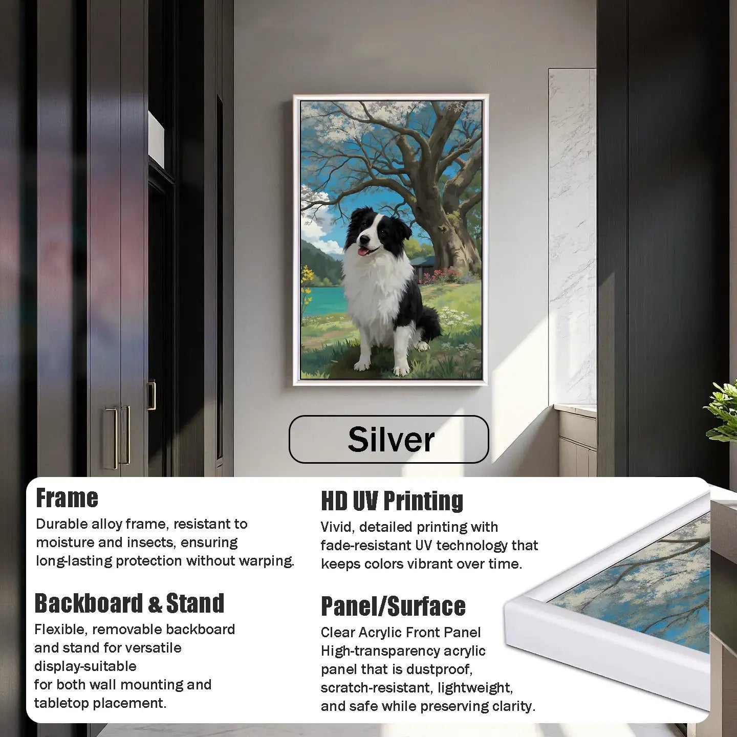 Custom pet portrait painting: Framed Border Collie. Personalized dog wall art gift.