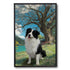Custom Border Collie pet portrait painting. Personalized dog wall art gift, happy dog in a vibrant landscape.