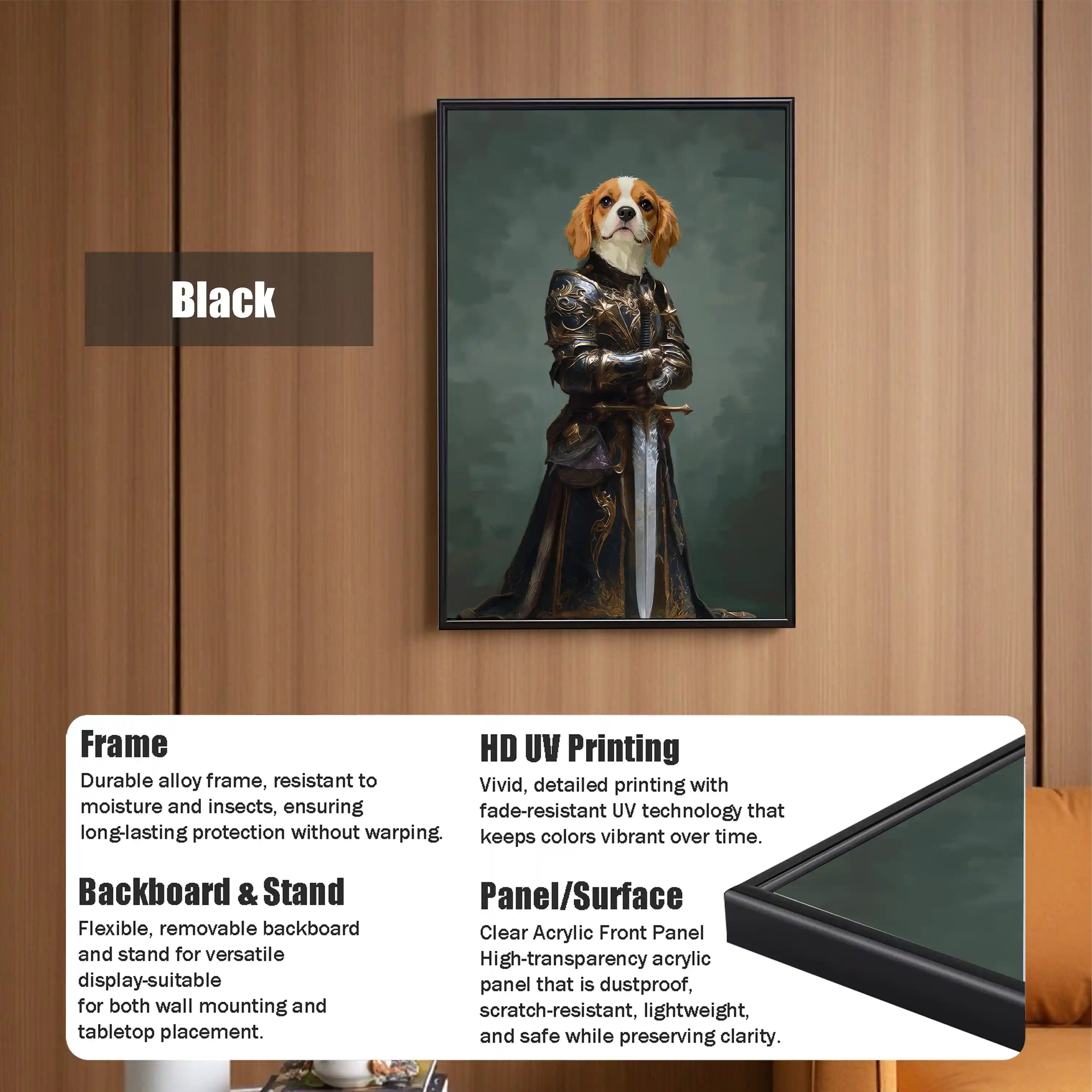 Black framed wall art of Cavalier King Charles Spaniel dog in knight armor, featuring durable alloy frame, HD UV printing, and clear acrylic panel for wall or tabletop display.